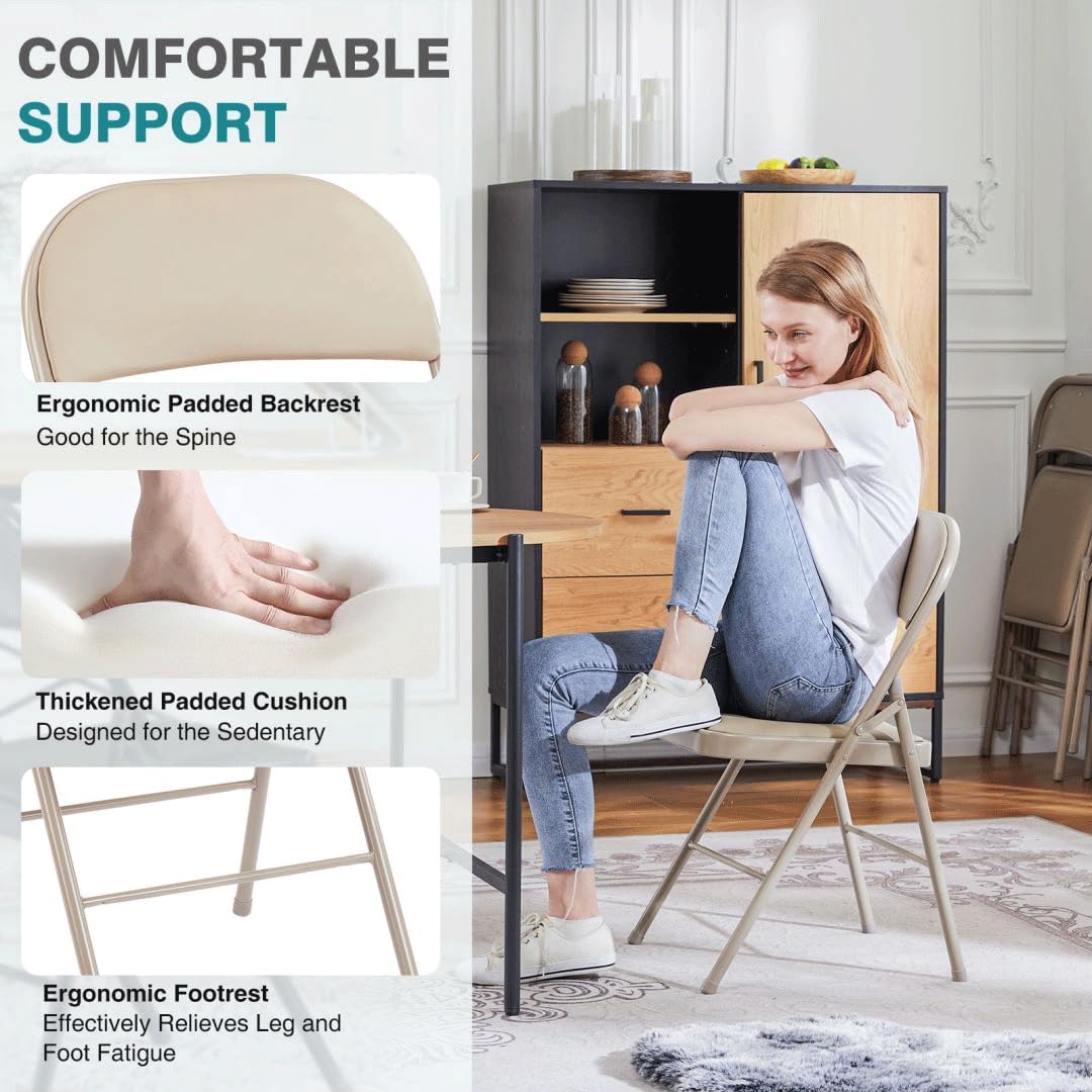 4-Pack Padded Folding Chairs with Cushion - Stackable Acrylic Portable Chairs for Outdoor, Indoor, Office & Events - Comfortable Seating for Parties, Picnics, Weddings & Meetings (Khaki)