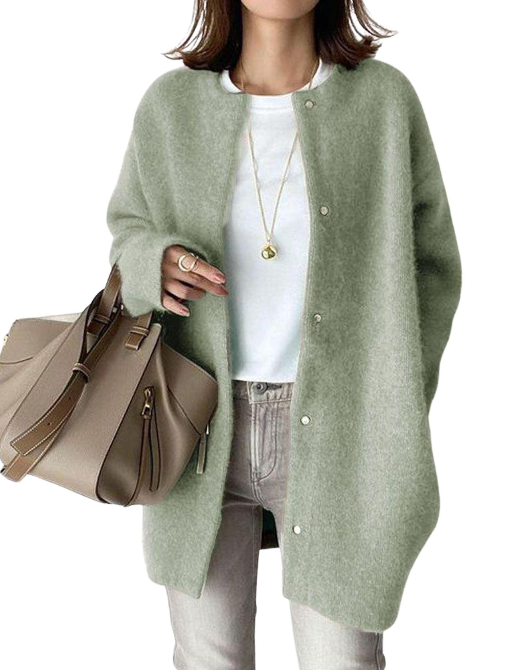 Women's Soft Fuzzy Long Sleeve Button Up Cardigan Sweater - Cozy Crewneck Mid-Length Knit Wrap for Fall & Winter - Perfect for Office, Lounge and Casual Outings