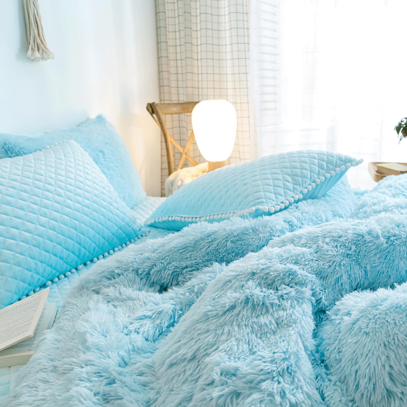 Soft Fluffy Blue Comforter Cover Queen Size - Plush Light Blue Bedding Set 3pc (1 Fuzzy Duvet Cover + 2 Faux Fur Pillowcases) Shaggy Blue Bed Set for Cozy Winter Nights - Perfect for Master Bedroom & Guest Room Decor (Blue, Queen)