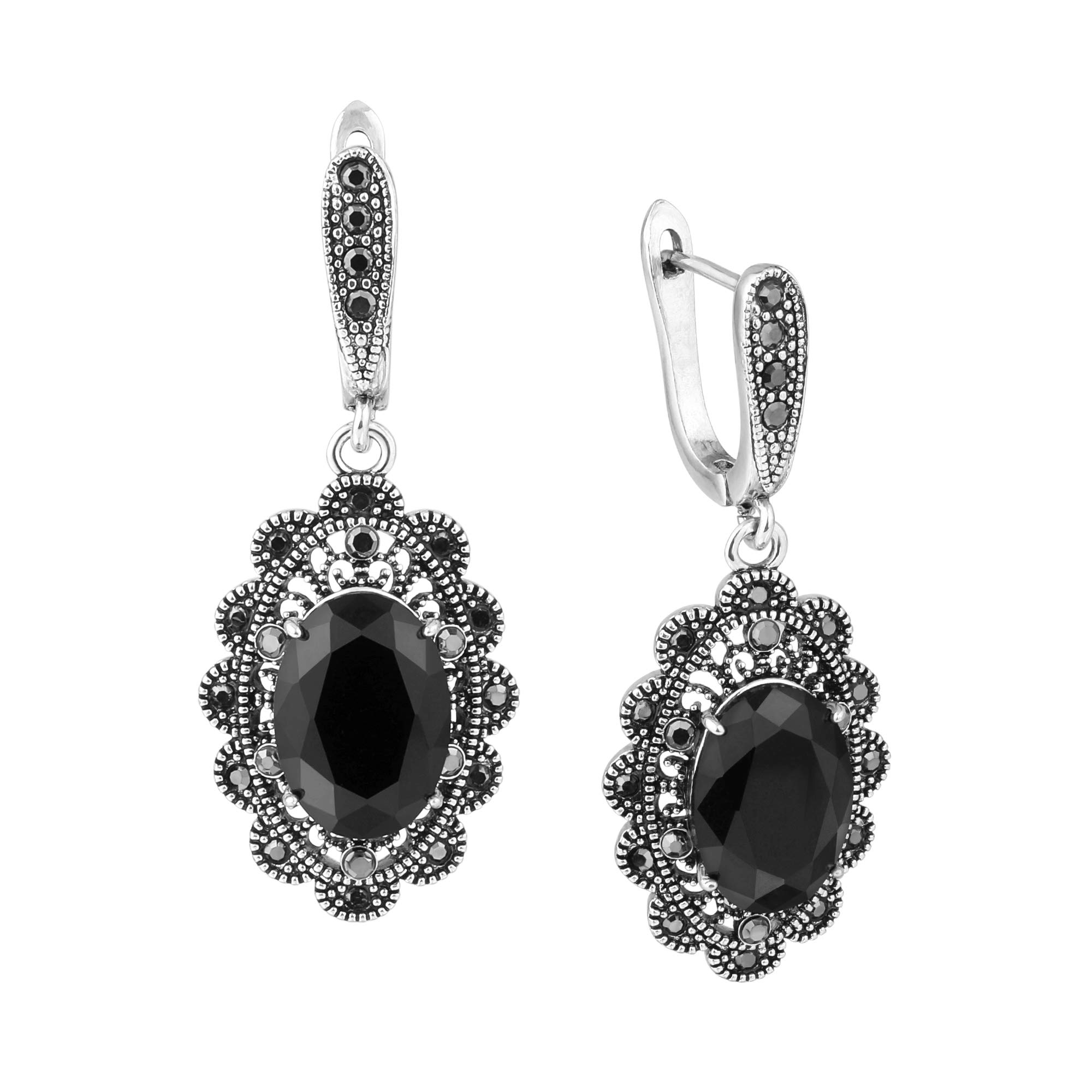 Vintage Black Marcasite Dangle Earrings for Women - Hypoallergenic Black Onyx Stone Drop Earrings | Elegant Evening Wear & Special Occasion Jewelry