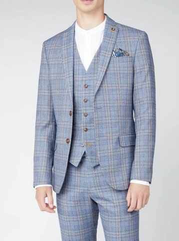 Vintage Rogue Brando Light Blue Tweed Check 3-Piece Suit for Men | Classic Formal Attire for Weddings, Business Meetings & Special Occasions