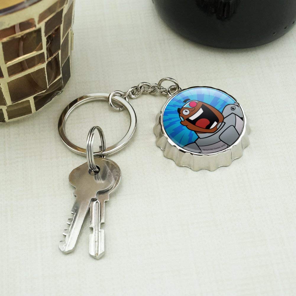 Teen Titans Go! Cyborg Keychain - Chrome Plated Metal Bottle Opener with Pop Cap Design - Perfect for Backpacks, Key Rings & Comic Book Fans Gifts