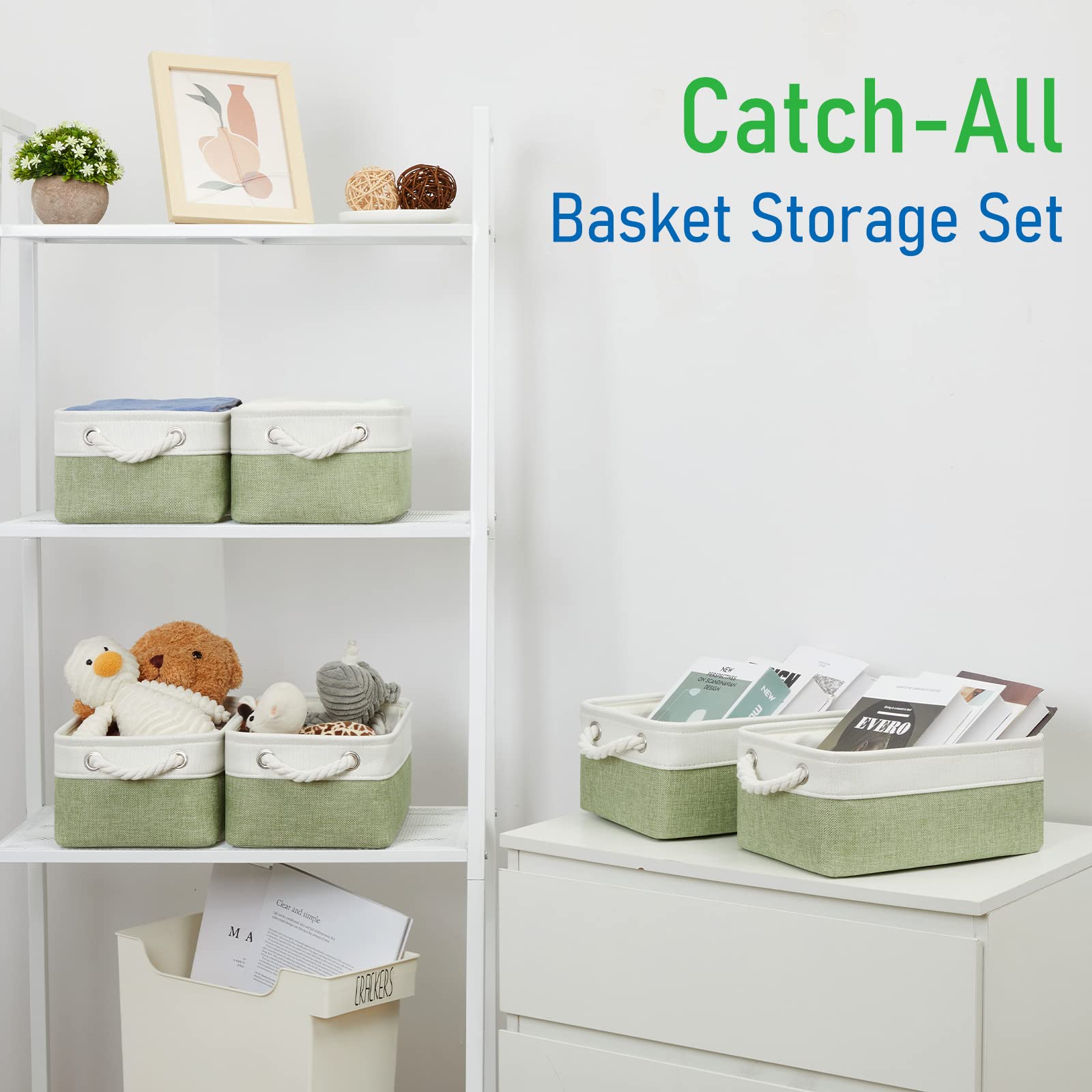 Bidtakay 6-Pack Small Storage Baskets - White & Green Decorative Organizing Bins for Linen Closet, Shelves, Nursery, or Pet Toys | Perfect for Home Organization, Baby Storage & Gift Packaging