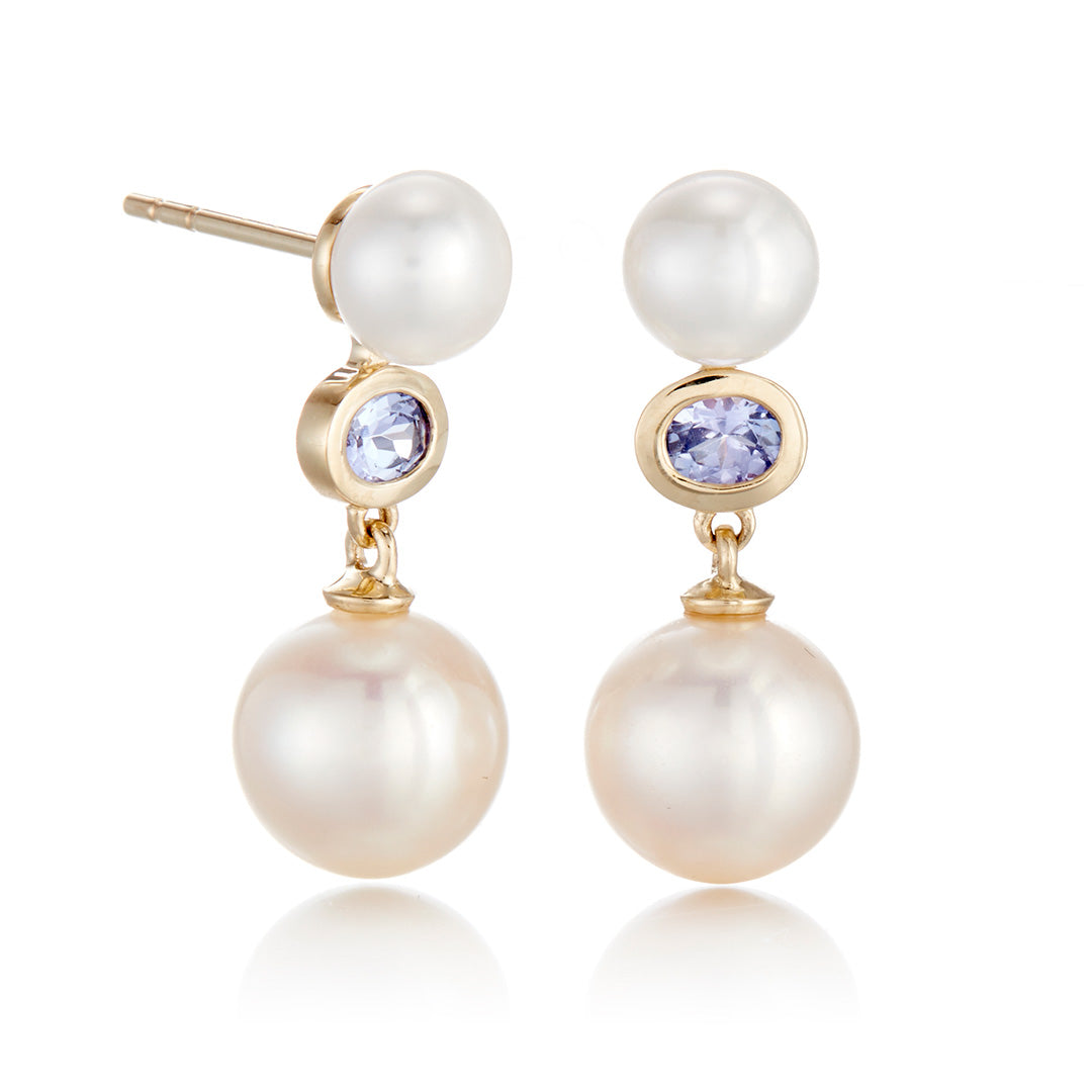 Odéon Drop Earrings with Pearls & Tanzanite - Elegant Dangle Earrings for Women, Perfect for Weddings, Parties & Special Occasions