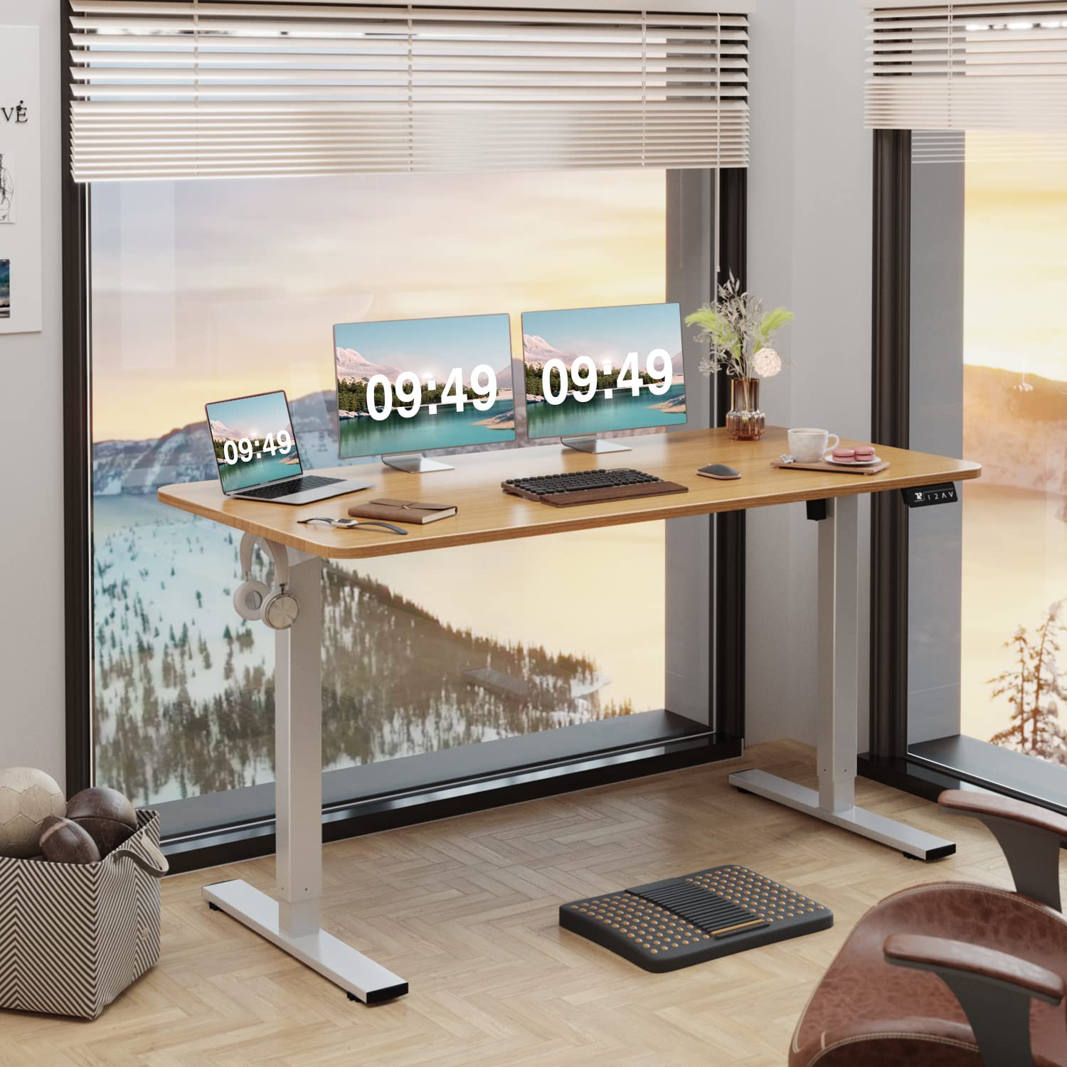Furmax Electric Height Adjustable Standing Desk 55 x 24 Inches - Sit Stand Home Office Computer Desk with Memory Preset & T-Shaped Metal Bracket (Wood Finish) - Perfect for Remote Work, Gaming & Study Spaces