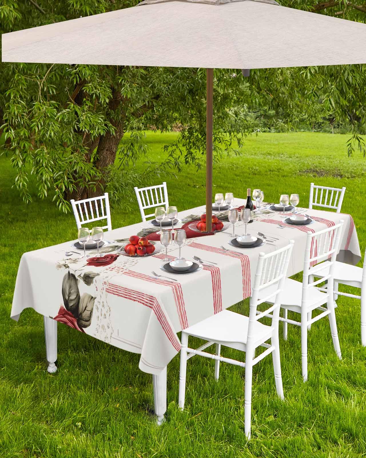 Valentine's Day Red Striped Waterproof Tablecloth with Umbrella Hole & Zipper - Spillproof Rectangular Table Cover for Outdoor Dining, Picnics, Patio Parties and Romantic Dinners