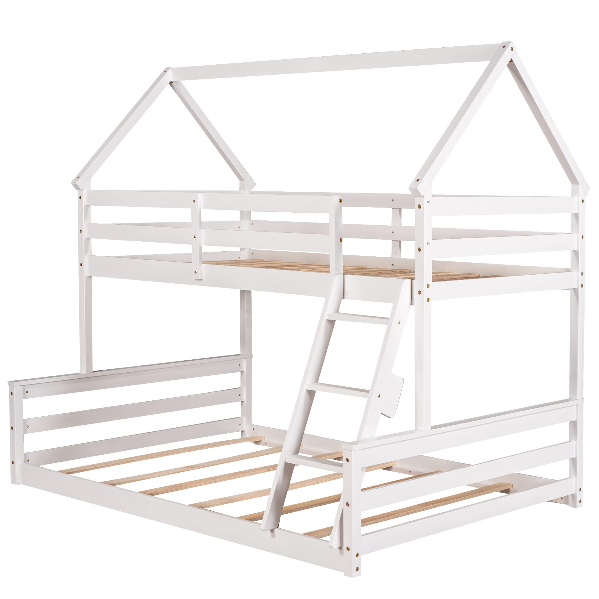 Low Bunk Bed Twin Over Full with Built-in Ladder - Sturdy Wooden Bunk Bed Frame for Kids & Teens - Space-Saving Bedroom Furniture for Small Rooms & Shared Kids' Rooms - White