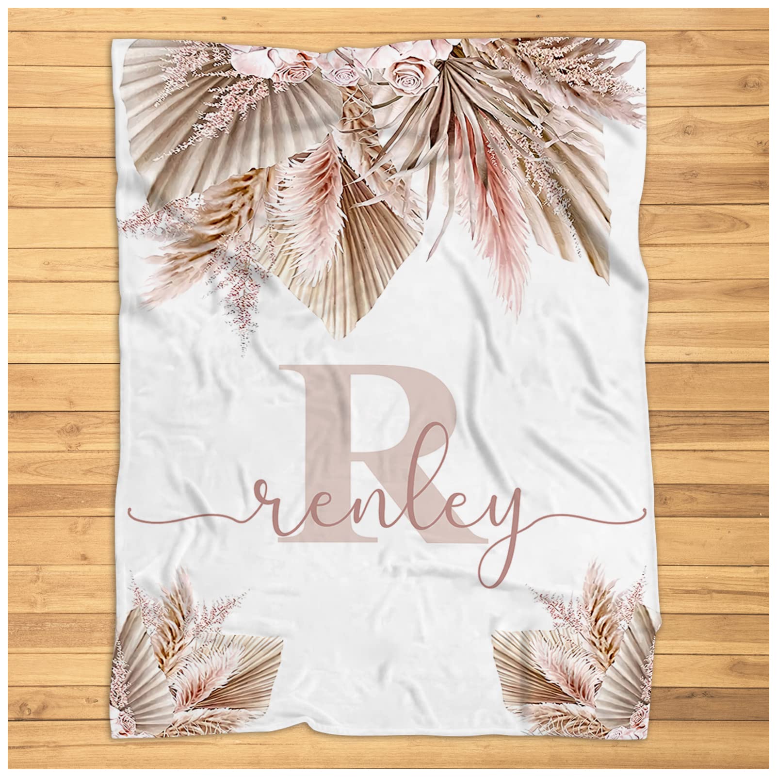 Personalized Neutral Floral Boho Baby Blanket for Girls - Super Soft Plush Blanket in Blush & Beige - Baby Shower Gift & Nursery Decor - Perfect for Cuddling, Swaddling & Photo Props