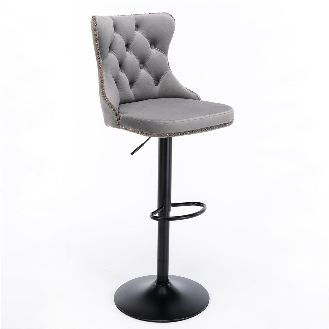 Adjustable Height Swivel Bar Stools with Footrest - Velvet Upholstered & Nailhead Trim - Perfect for Kitchen Islands, Home Bars & Dining Counter Seating