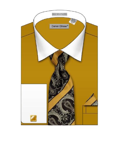 Premium French Cuff Dress Shirt for Men | DANIEL ELLISSA DS3825P2 Solid White Collar Formal Shirt in Mustard | Ideal for Business Meetings, Weddings & Office Wear