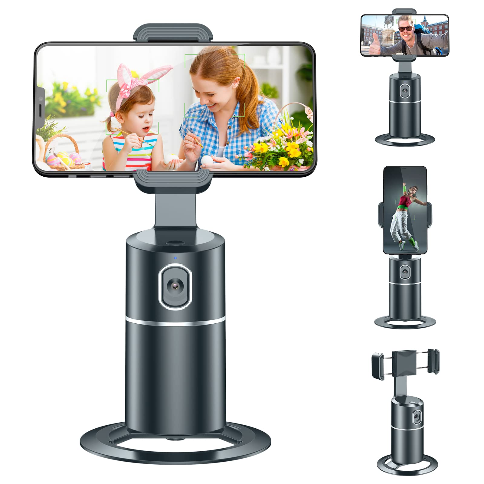 Auto Face Tracking Phone Tripod Stand - No App Needed, 360° Rotation Smart Body Tracking Mount for iPhone & Android - Perfect for TikTok, YouTube Vlogging, Live Streaming & Video Calls (Grayish Black) - Ideal for Content Creators, Travel Vloggers & Remote Workers