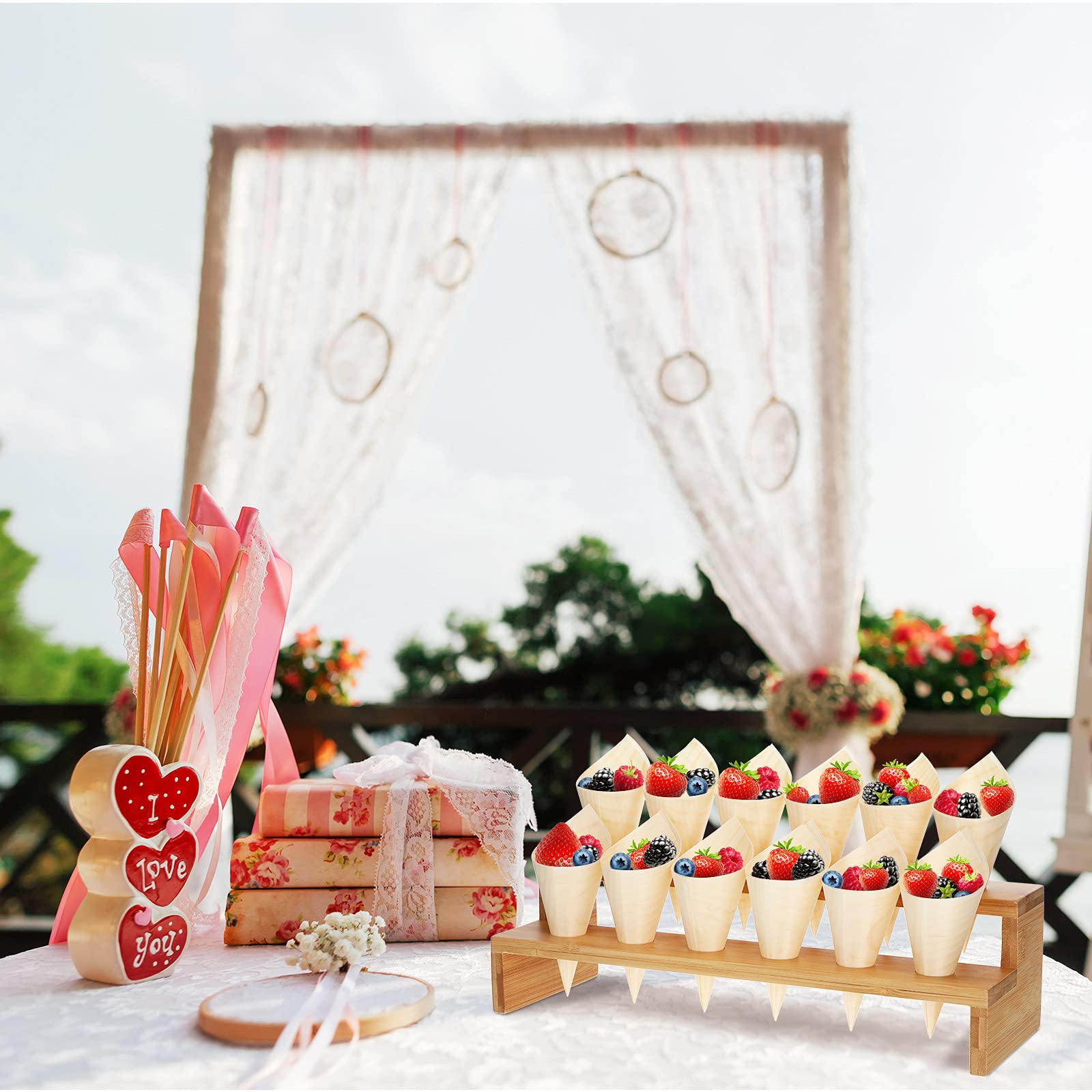 Queekay 100 Pcs Disposable Wooden Food Cones with 12 Holes - Food Cone Display Stand Holder for Charcuterie, Ice Cream, Catering, Parties & Buffets | Perfect for Weddings, Dessert Tables, and Gourmet Food Presentation