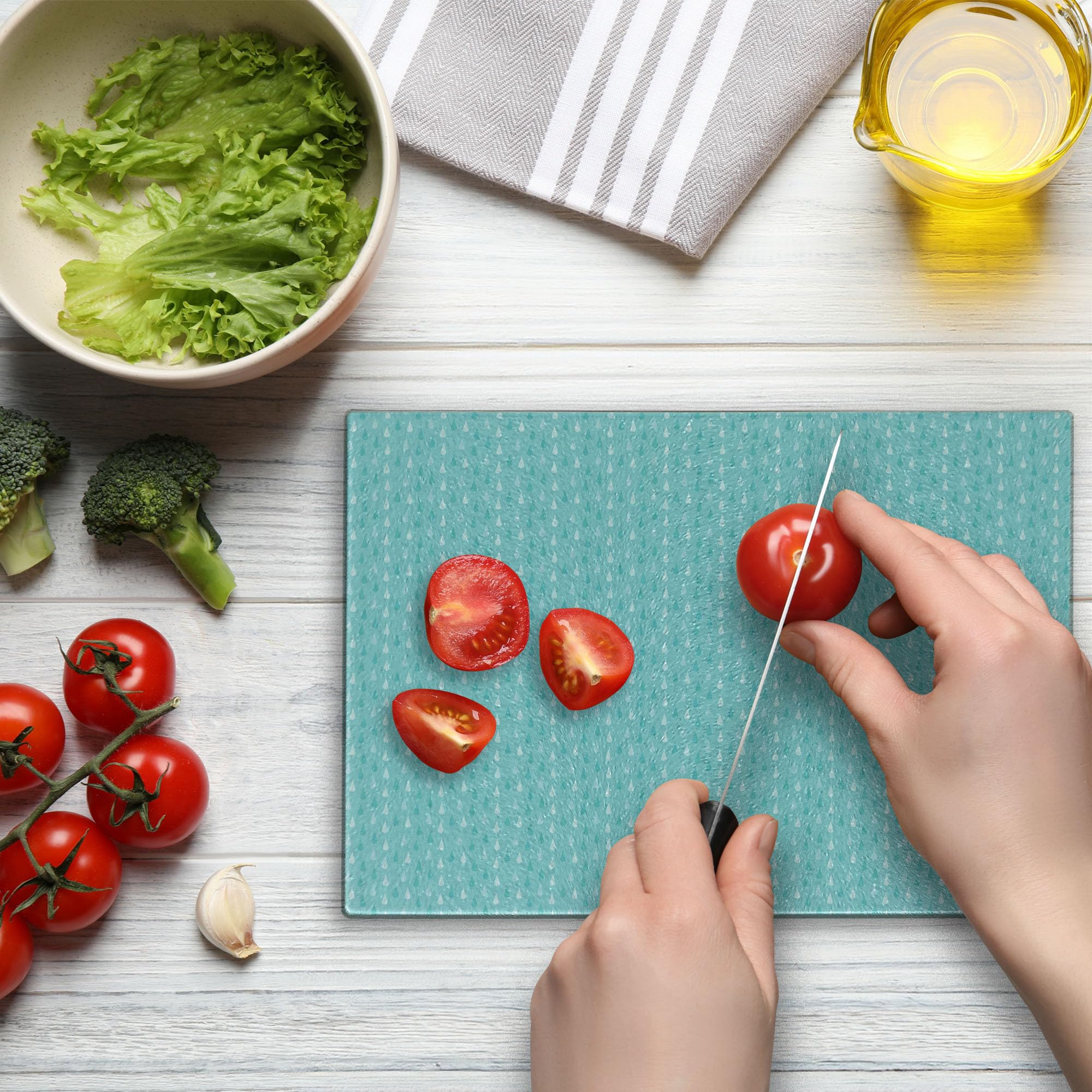 Ambesonne Pale Blue Glass Cutting Board - Fall Season Raindrop Print - Tempered Glass Serving Board for Kitchen & Dining - Small Size Blue & White - Perfect for Entertaining, Food Prep & Decorative Display