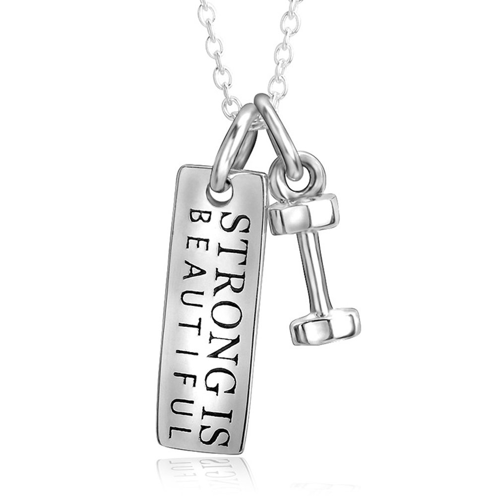 Strong is Beautiful 925 Sterling Silver Pendant Necklace - Fitness Tag & Dumbbell Charm Gym Jewelry - 18 Inch Adjustable Chain - Perfect for Workouts, Gym Motivation & Athletic Gifts
