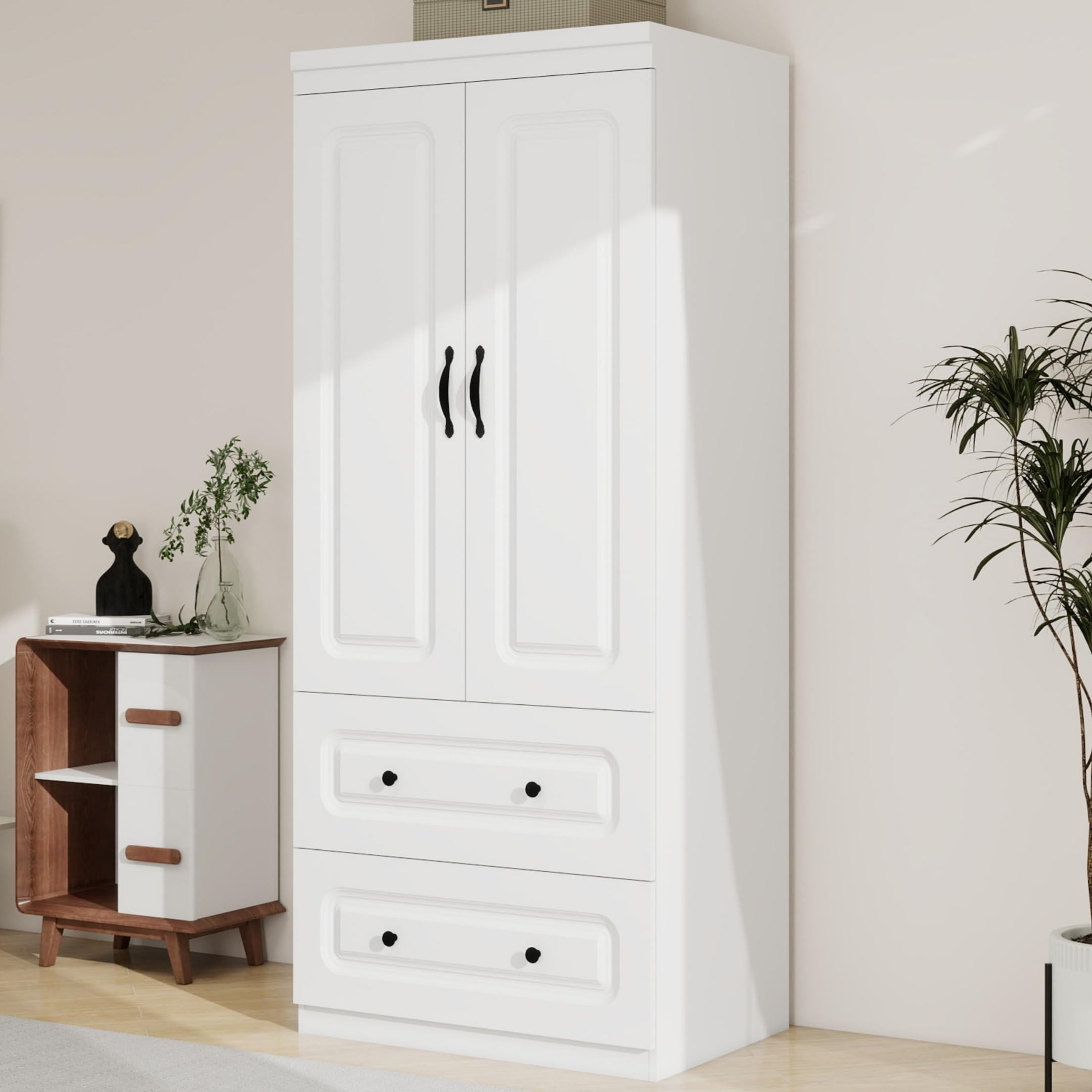 White Wardrobe Closet with 2 Doors & 2 Drawers - Freestanding Storage Cabinet with Hanging Rod for Clothes, Bedroom & Closet Organization | Perfect for Apartments, Dorms & Small Spaces