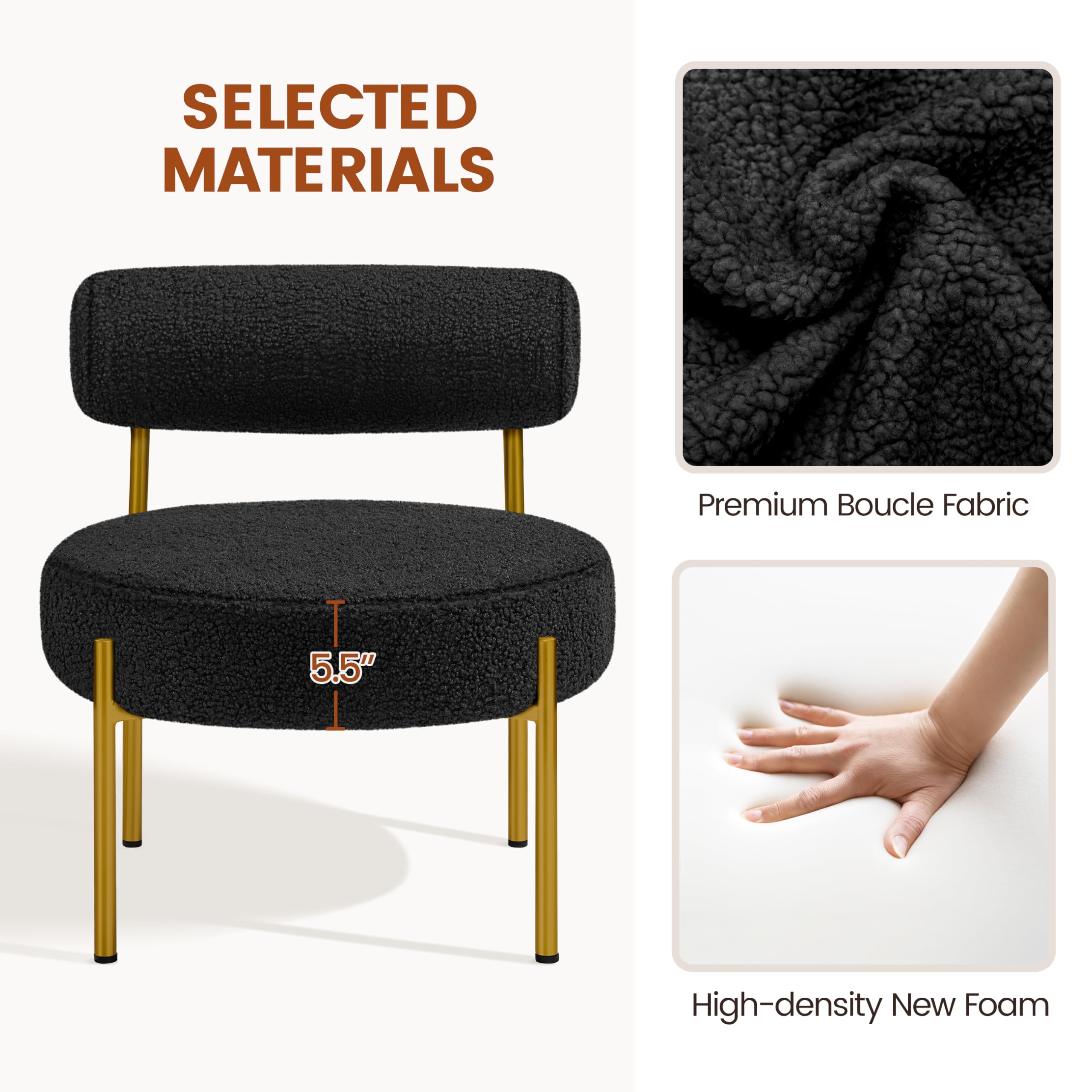 Topeakmart Modern Vanity Chair - Boucle Fabric Accent Chair with Gold Metal Legs for Living Room, Makeup Room & Bedroom - Elegant Black Seating for Home Decor & Beauty Space