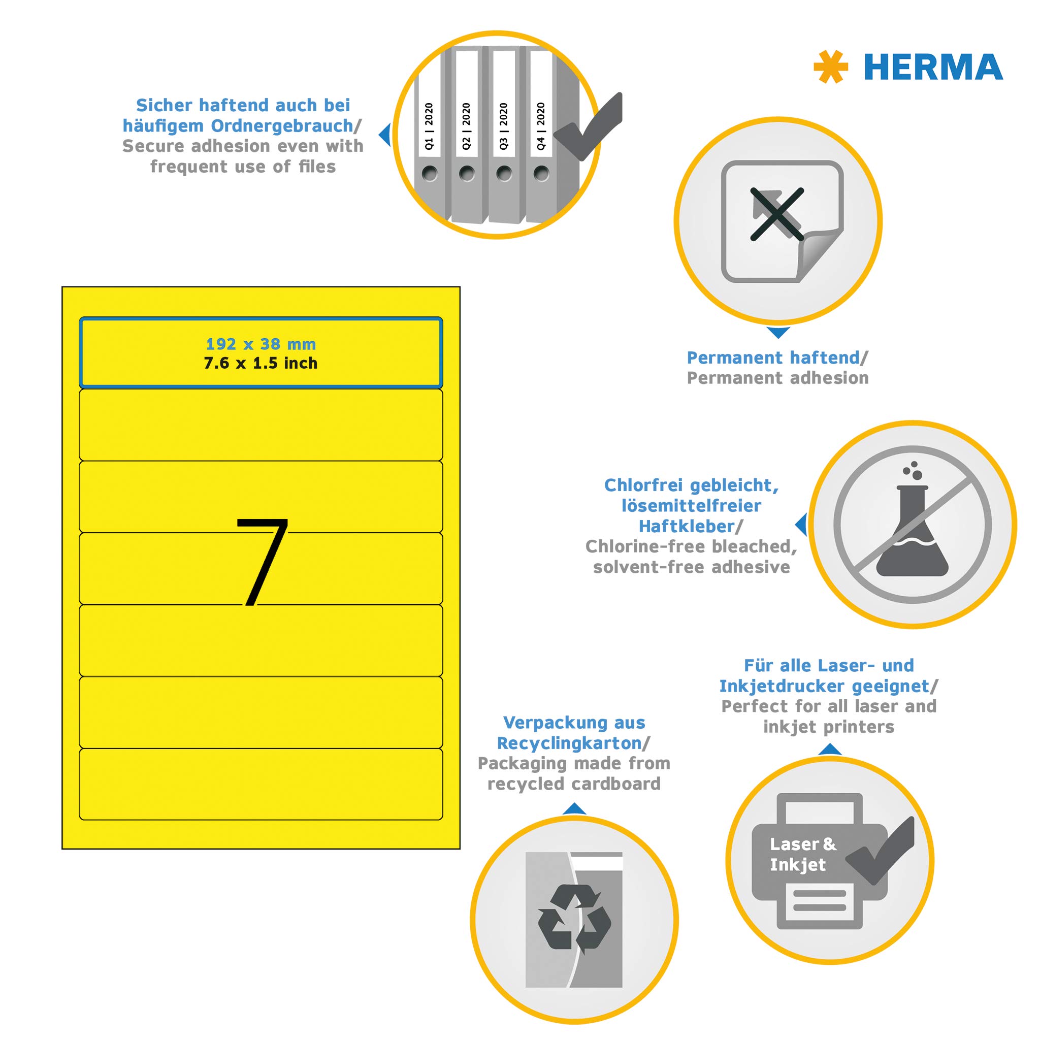 HERMA 5091 Self Adhesive Spine Labels - 140 Blank Yellow Labels (192x38mm), 7 Labels per A4 Sheet, 20 Sheets Pack - Compatible with Laser & Inkjet Printers - Perfect for File Folders, Lever Arch Files, Office Organization & Document Classification