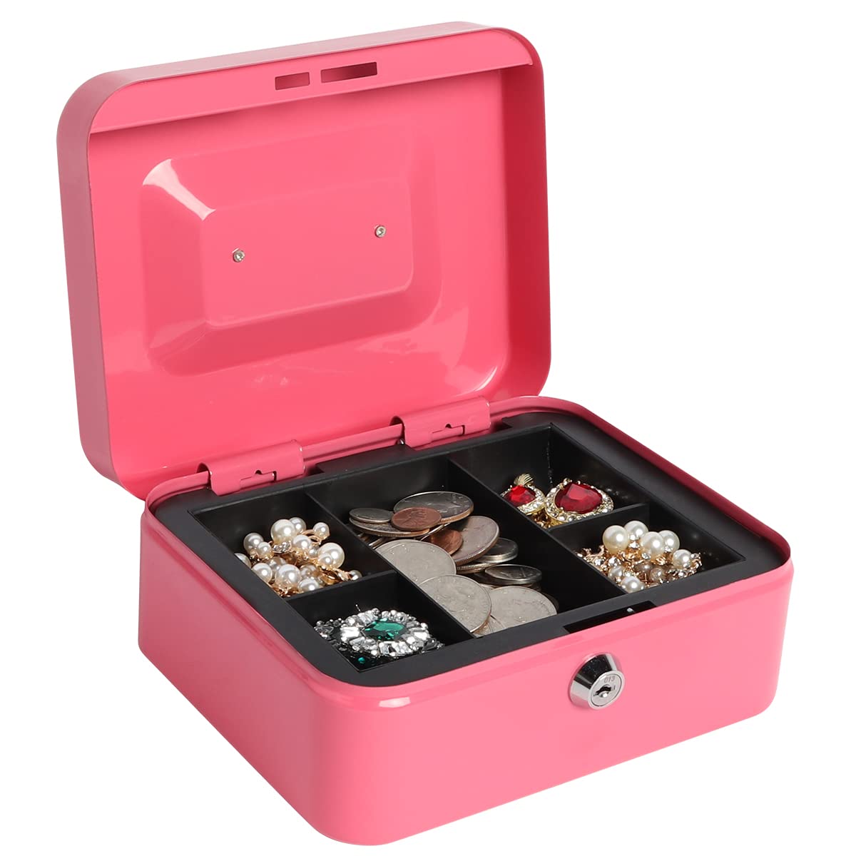 Pink Small Cash Box with Money Tray & Key Lock - 7.87