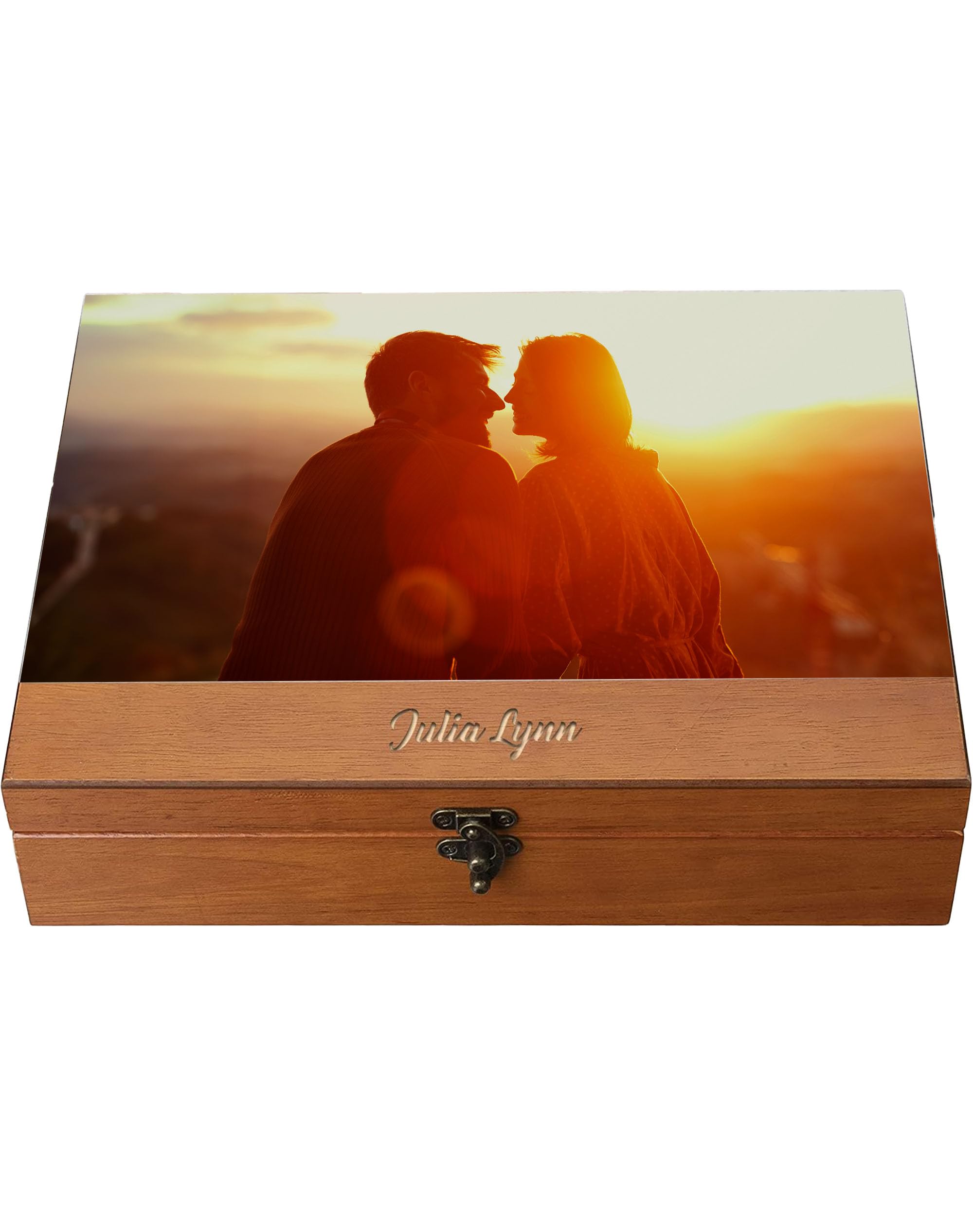 WE Games Wooden Memory Box for Keepsakes & Photos - Vintage Decorative Storage Box with Lid - Light Cherry Finish with Color Print - Perfect for Wedding, Anniversary Gifts & Home Decor