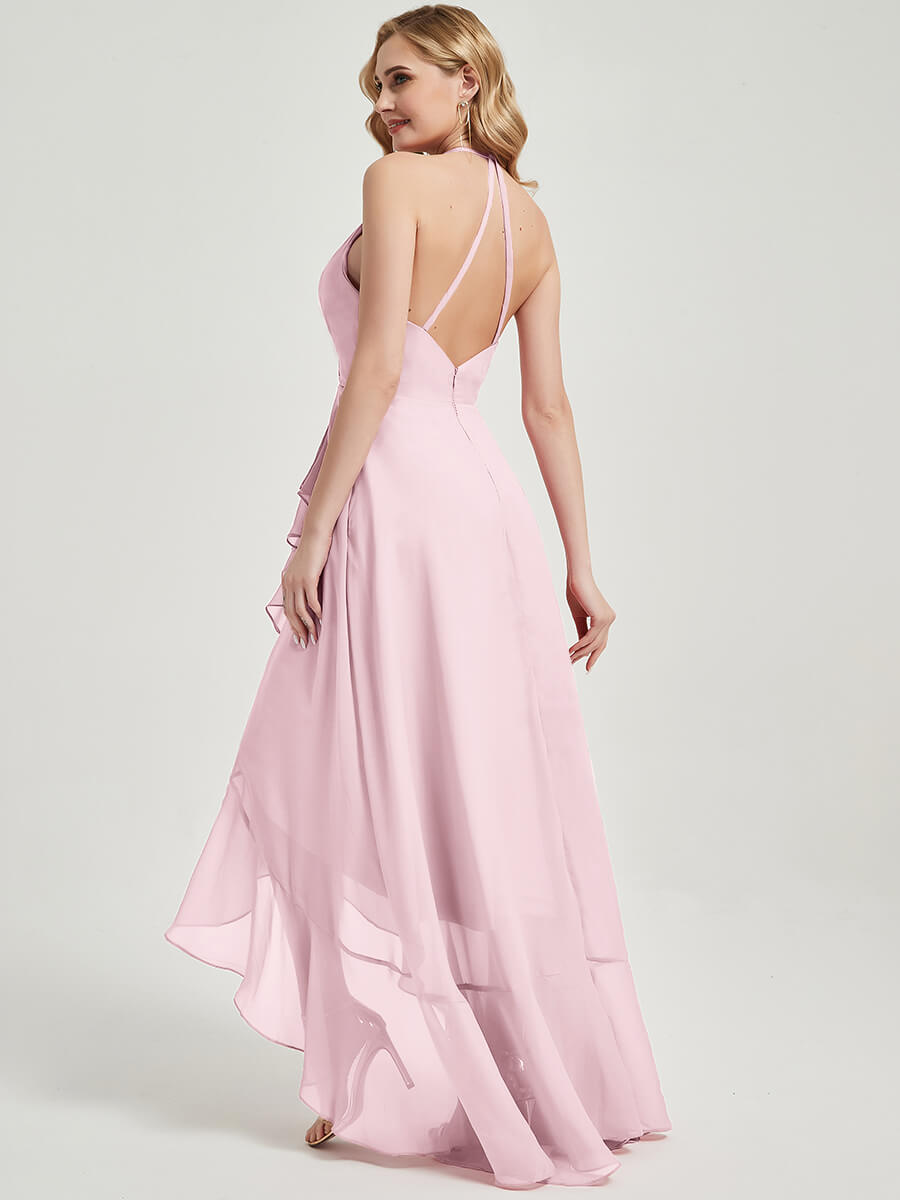 Elegant Blush Halter V-Neck Backless High-Low Maxi Chiffon Bridesmaid Dress for Weddings & Formal Events - Perfect for Beach, Garden & Evening Celebrations