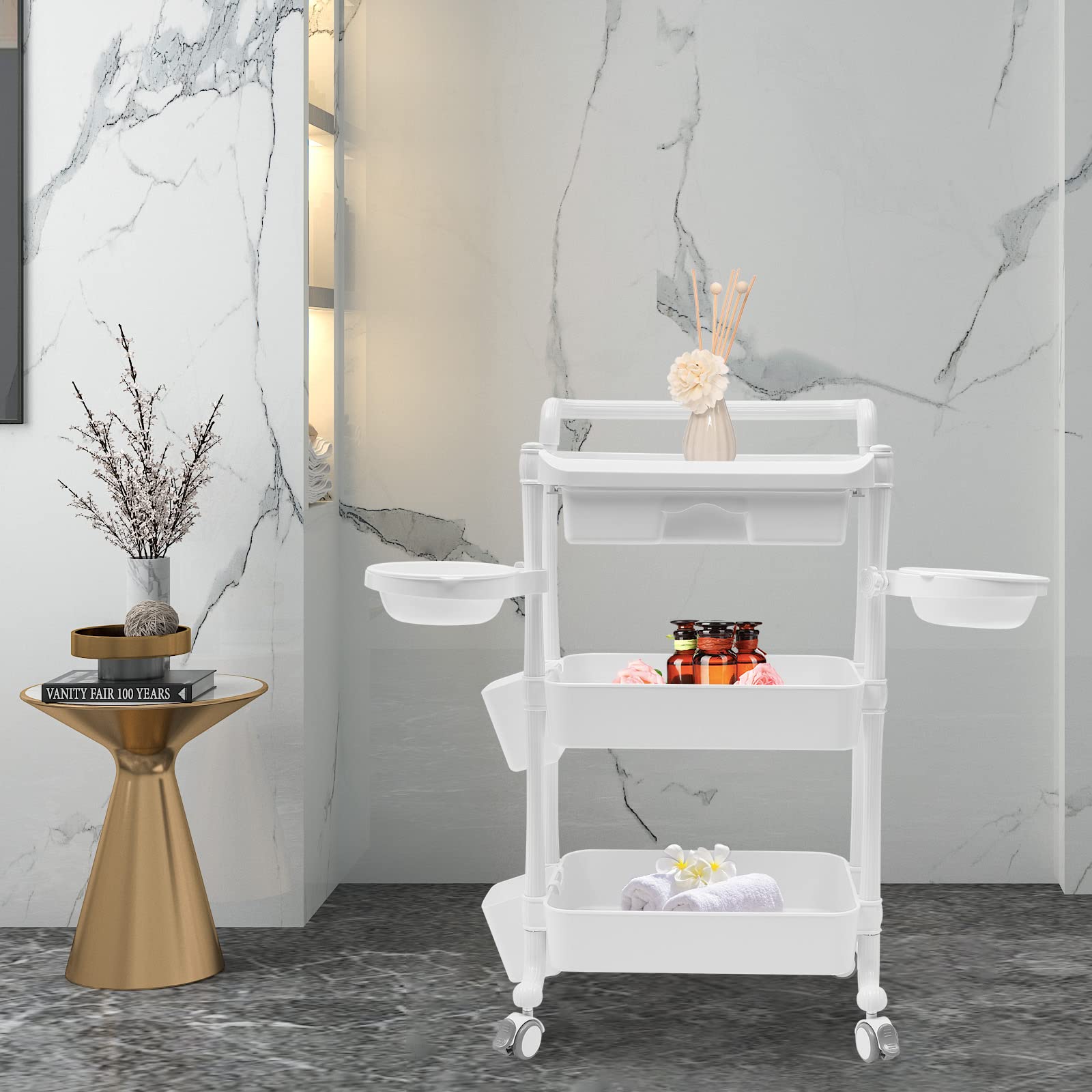 3-Tier Rolling Salon Trolley Stand - Beauty & Spa Storage Organizer with Wheels - Mobile Service Cart for Hair Salon Tools & Equipment - 330lbs Capacity - 18.9x13x33.3 Inches (White) - Perfect for Salon Styling, Spa Treatments & Professional Beauty Services