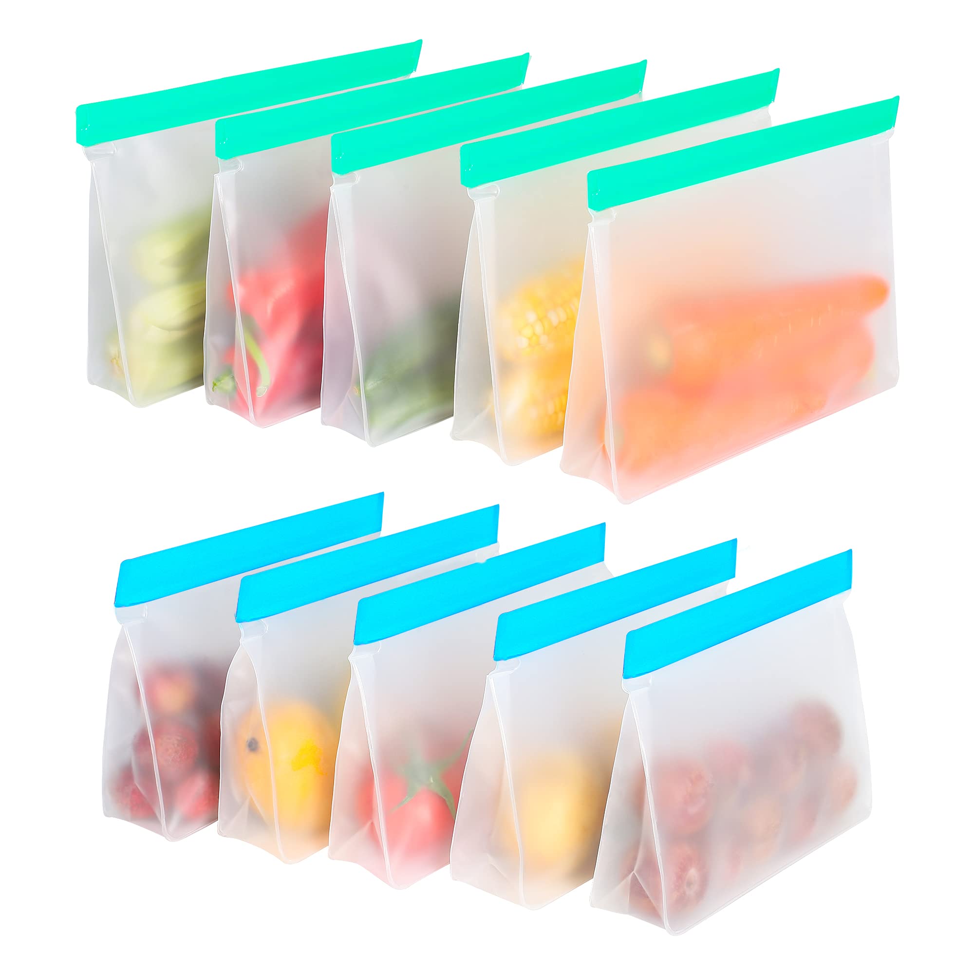 Reusable Food Storage Bags 10-Pack - BPA Free, Leakproof Stand Up Freezer Bags | 5 Gallon & 5 Sandwich Bags | Eco-Friendly, Plastic-Free Lunch Bags for Kids | Perfect for Meal Prep, Freezing, School Lunches & Picnics