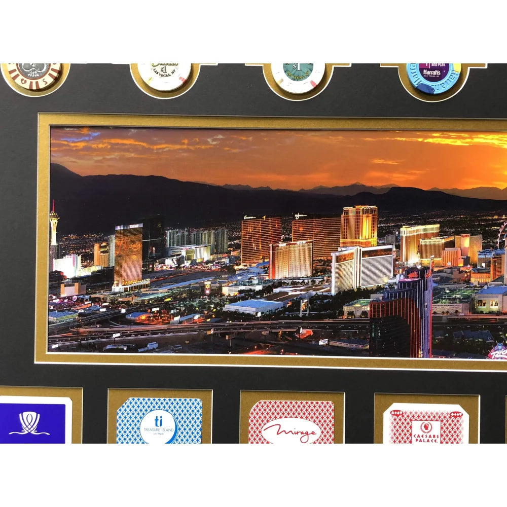 Authentic Las Vegas Hotel Casino Playing Cards & Poker Chips Collage - Framed Wall Art for Game Room Decor (Set of 10) - Perfect for Poker Lovers, Man Cave, and Casino Themed Home Decor