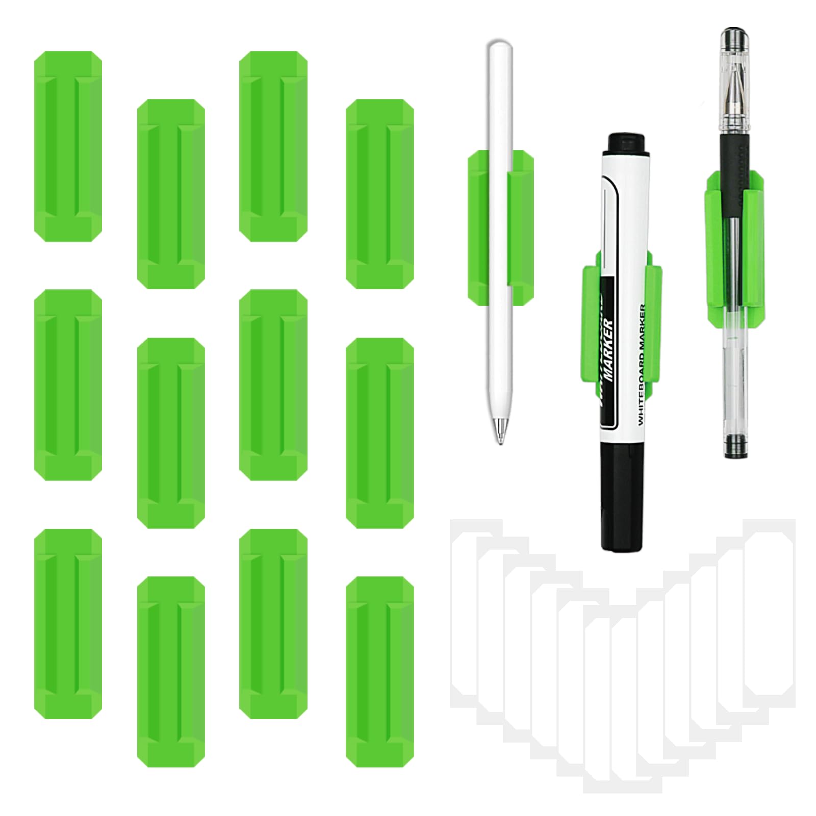 12 Pack Silicone Pen Holder for Desk - Adhesive Pencil Organizer with 12 Extra Stickers, Marker & Stationery Clip for Office, Classroom, Home - Perfect Teacher Supplies & Desk Accessories (Green) - Ideal for Organizing Pens, Pencils, Markers on Desks, Walls, or Any Smooth Surface