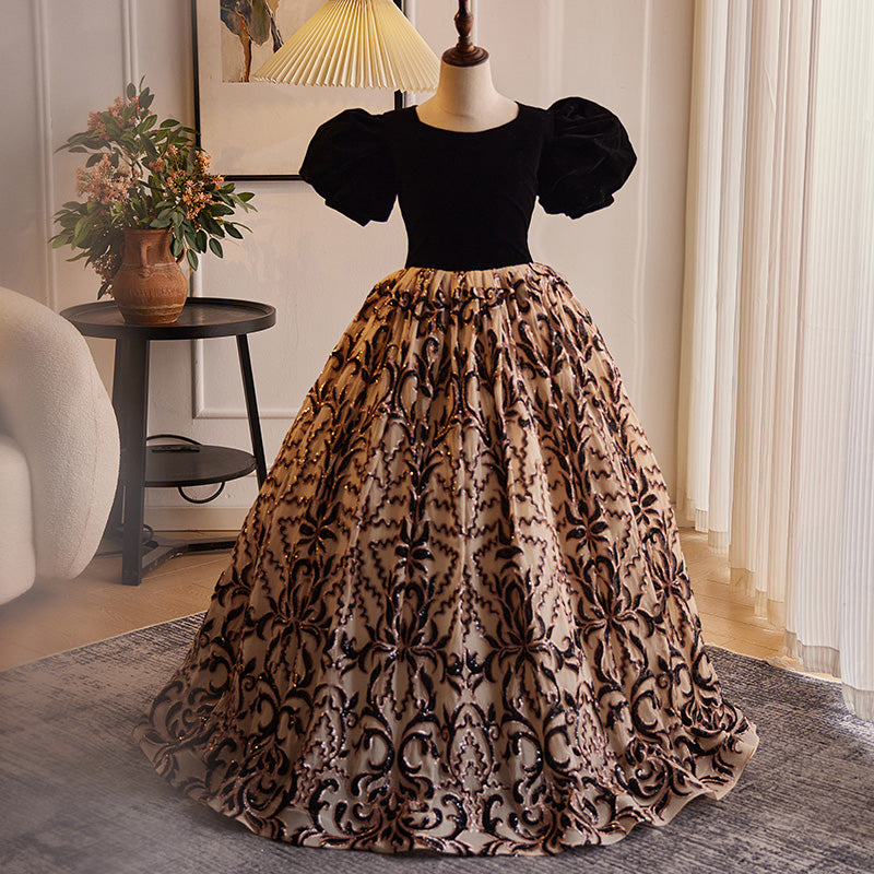 Elegant Black and Gold Puff Sleeve Princess Dress for Baby Girls | Toddler Formal Party Gown | Perfect for Birthday, Pageant, Wedding & Special Occasions