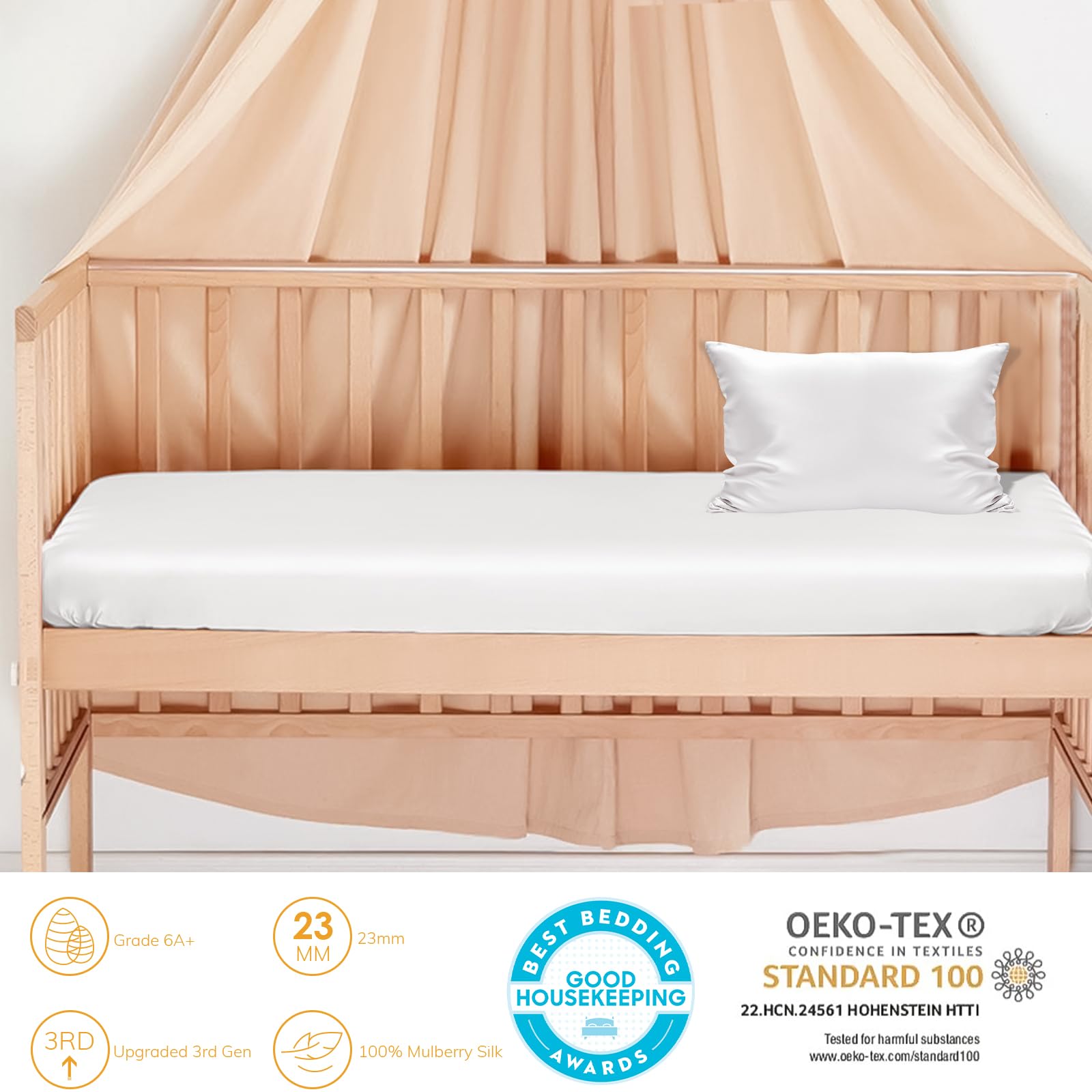 Premium 100% Mulberry Silk Crib Sheet - OEKO-TEX Certified, Ultra Soft & Breathable, 22 Momme Silk Fitted Crib Bedding for Boys & Girls (White) - Perfect for Nursery, Baby Shower Gifts & Luxurious Infant Sleep