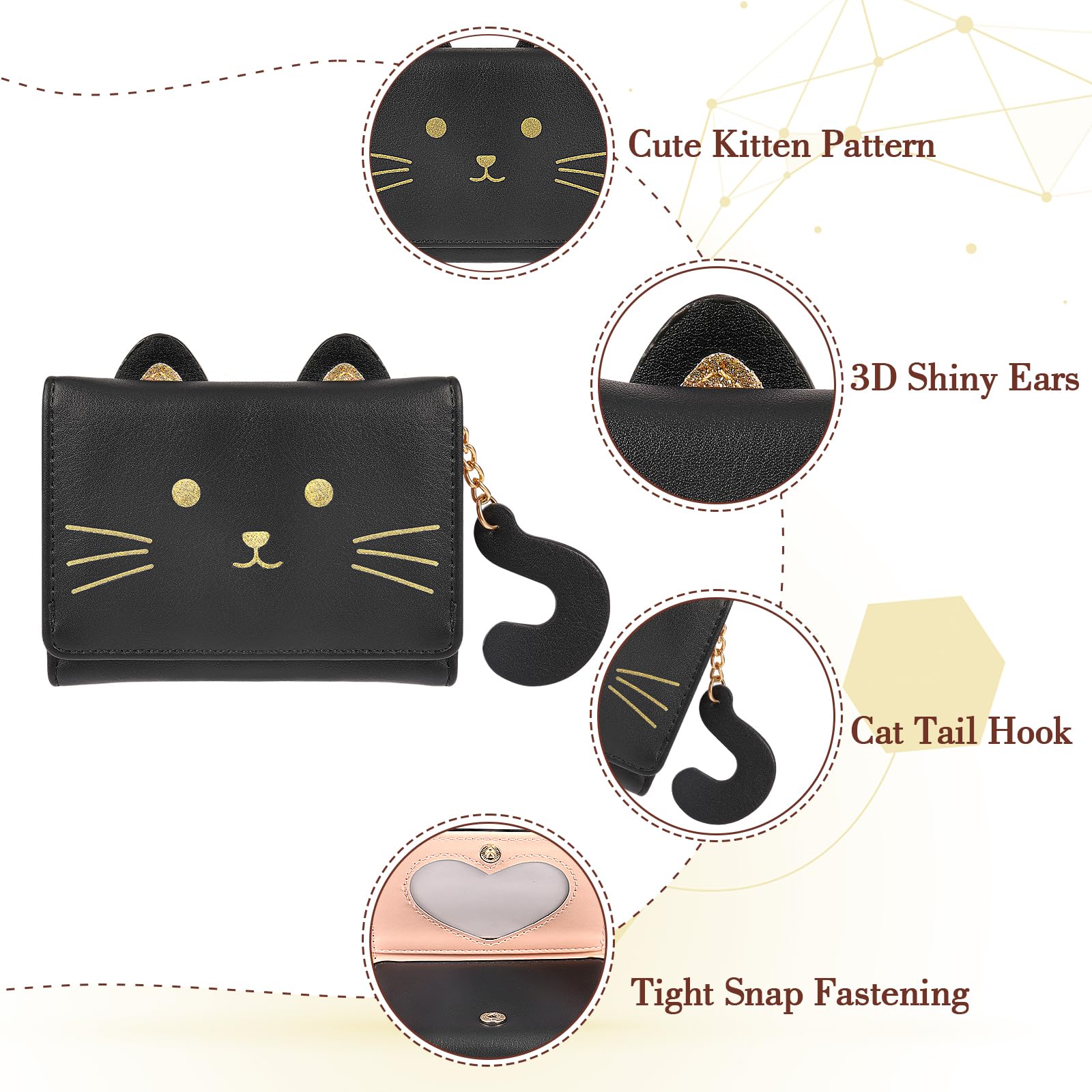 Stylish Small PU Leather RFID Blocking Women's Wallet - Cute Black Cat Bi-Fold Design with Multiple Slots, ID Window & Coin Pocket | Perfect for Everyday Use, Travel & Gift Giving