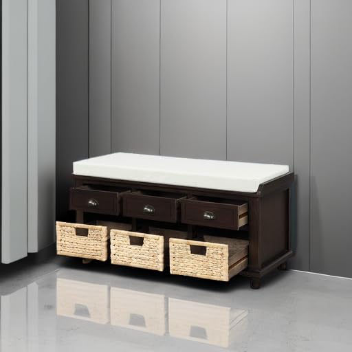HABITRIO Wooden Storage Bench with Removable Cushion - 3 Drawers & 3 Baskets, Multi-Functional Shoe Bench for Entryway, Bedroom, Living Room, Hallway - Perfect for Organizing Shoes, Blankets & Home Decor (Espresso Finish) | Ideal for Small Spaces & Apartment Living