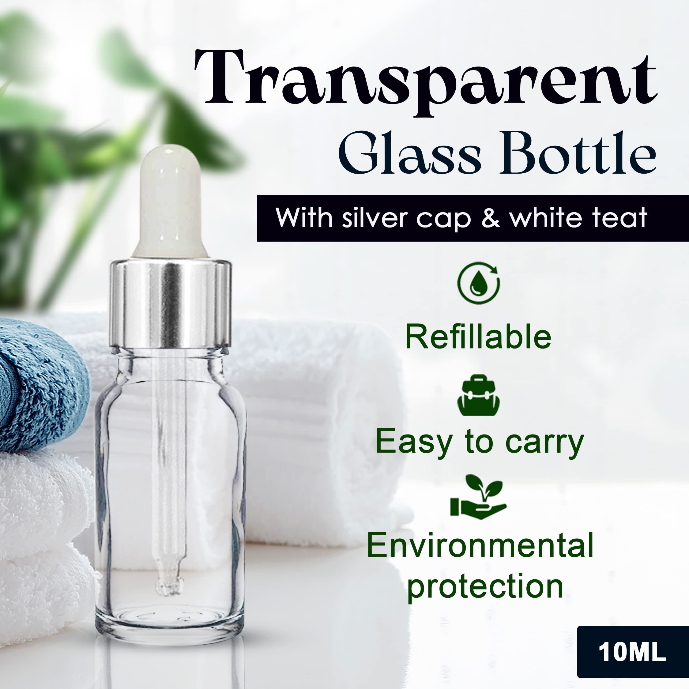 10ml Clear Empty Glass Bottle with Dropper & Silver Ring - Refillable Leakproof Essential Oil Perfume Container (Pack of 3) | Perfect for DIY Aromatherapy, Travel & Gift Sets