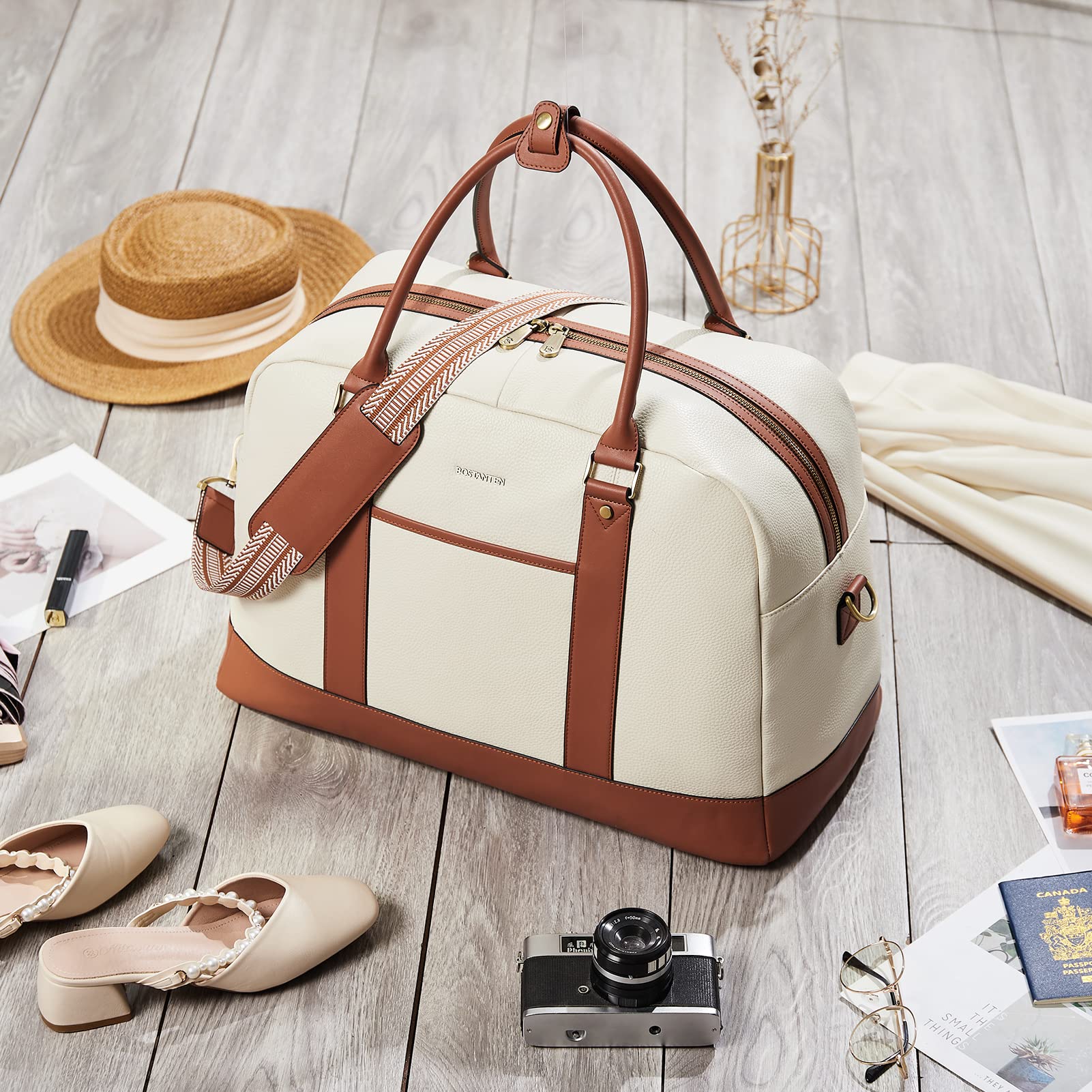 BOSTANTEN Women's Leather Travel Weekender Bag - Large Duffle Overnight Bag with Trolley Sleeve, Flight Approved Carry-On Luggage for Business Trips & Weekend Getaways