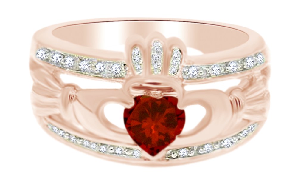 0.7 Carat Heart-Shaped Simulated Garnet & White Diamond Claddagh Ring in 925 Sterling Silver - Perfect for Valentine's Day, Anniversary Gifts & Irish Wedding Jewelry