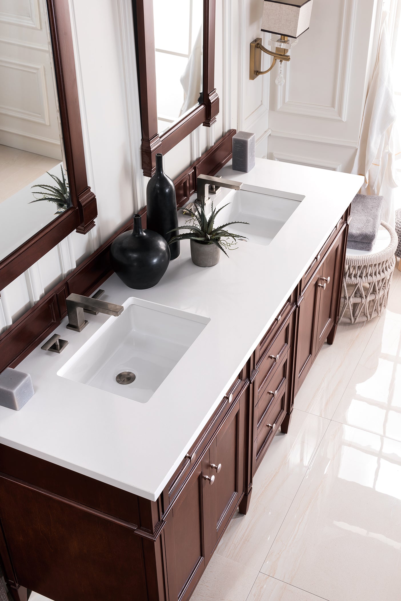 Brittany 72 Inch Burnished Mahogany Double Bathroom Vanity with 3CM White Zeus Quartz Countertop - Perfect for Master Bathroom Renovation and Luxury Home Decor