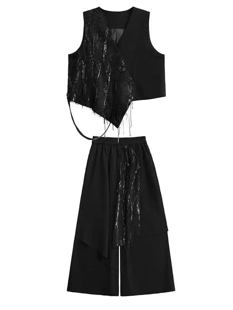 2025 Trendy Women's Big Size Irregular Vest & Sequins Wide Leg Pants Two-Piece Suit - V Neck Sleeveless Outfit for Spring/Autumn Fashion | Perfect for Parties, Date Nights & Special Occasions