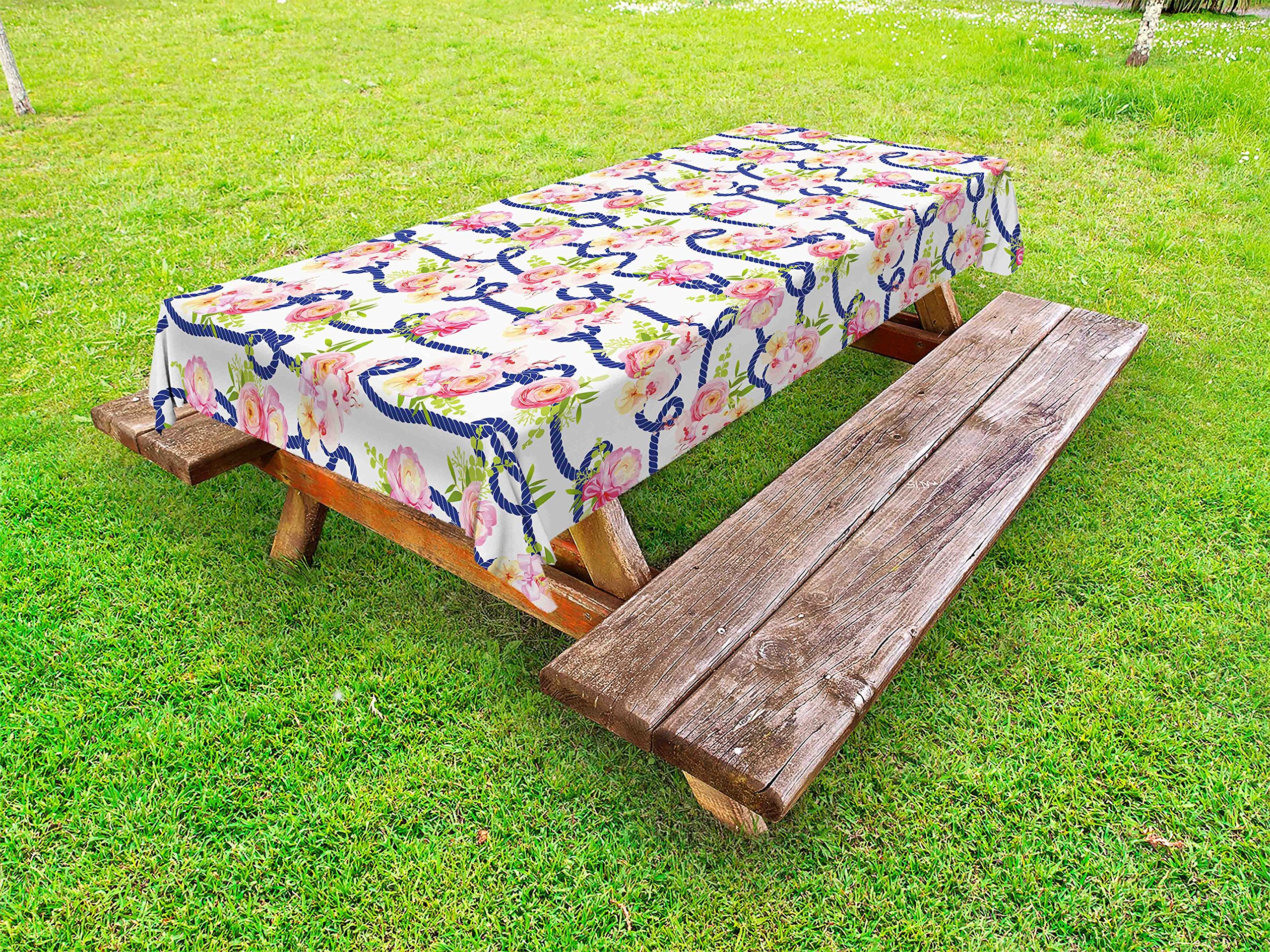 Ambesonne Navy and Blush Floral Outdoor Tablecloth - Washable Picnic Table Cover 58
