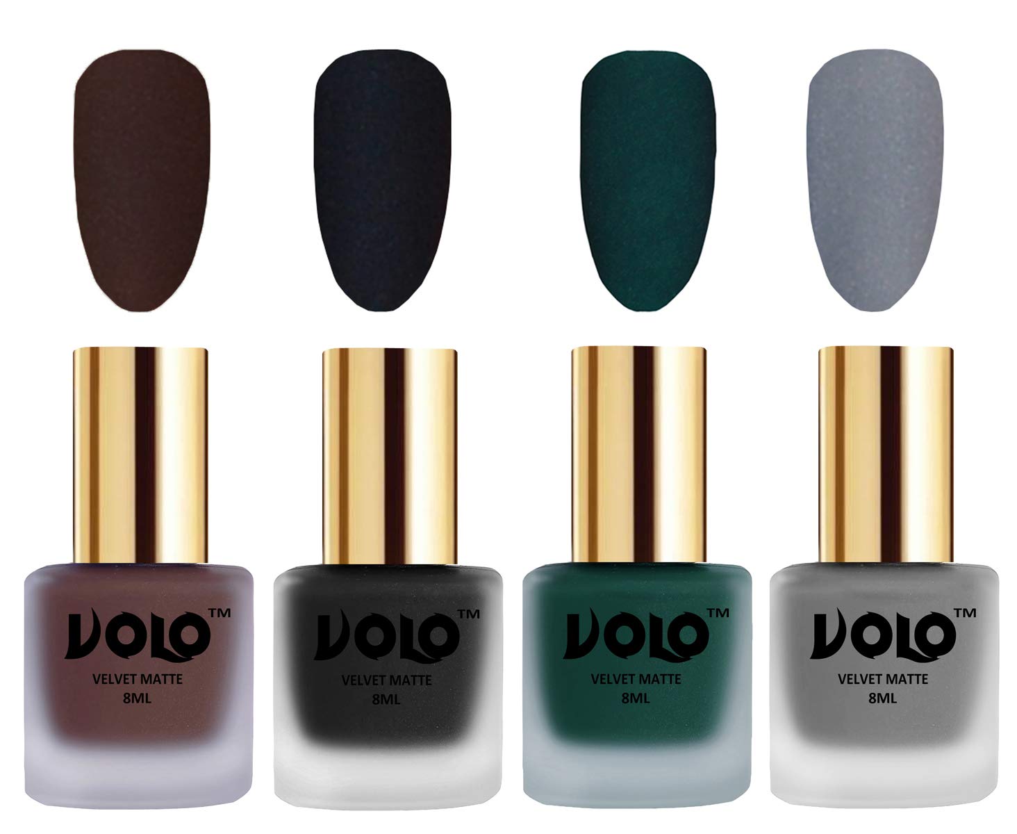Volo Velvet Matte Nail Polish Set - Pack of 4 (Chocolate Brown, Black, Dark Green, Gray) 32ml - Long Lasting Vegan Nail Polish for Women | Perfect for Parties, Weddings, and Special Occasions