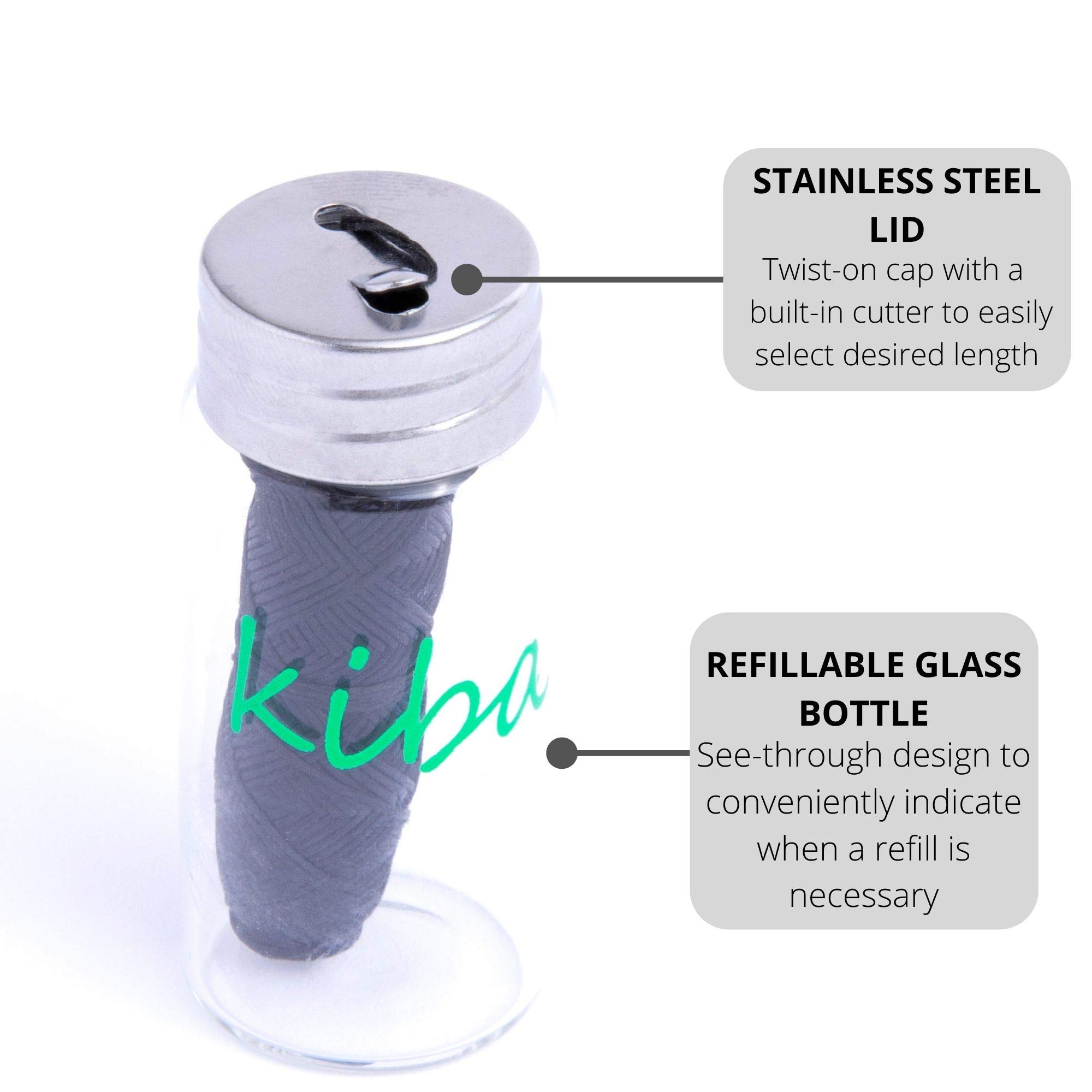 Kiba Bamboo Charcoal Dental Floss with Reusable Glass Container - 5pc Eco-Friendly Kit (1 Glass Holder + 4x30m Refills) - Mint Flavored, Vegan, Candelilla Wax - Perfect for Travel & Zero-Waste Oral Care