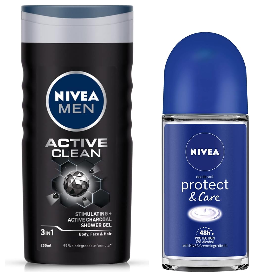 NIVEA Men's Deodorant Roll-On & Body Wash Set - Protect & Care 50ml + Active Clean Shower Gel 250ml - Fresh Scent for Daily Hygiene & Gym Use