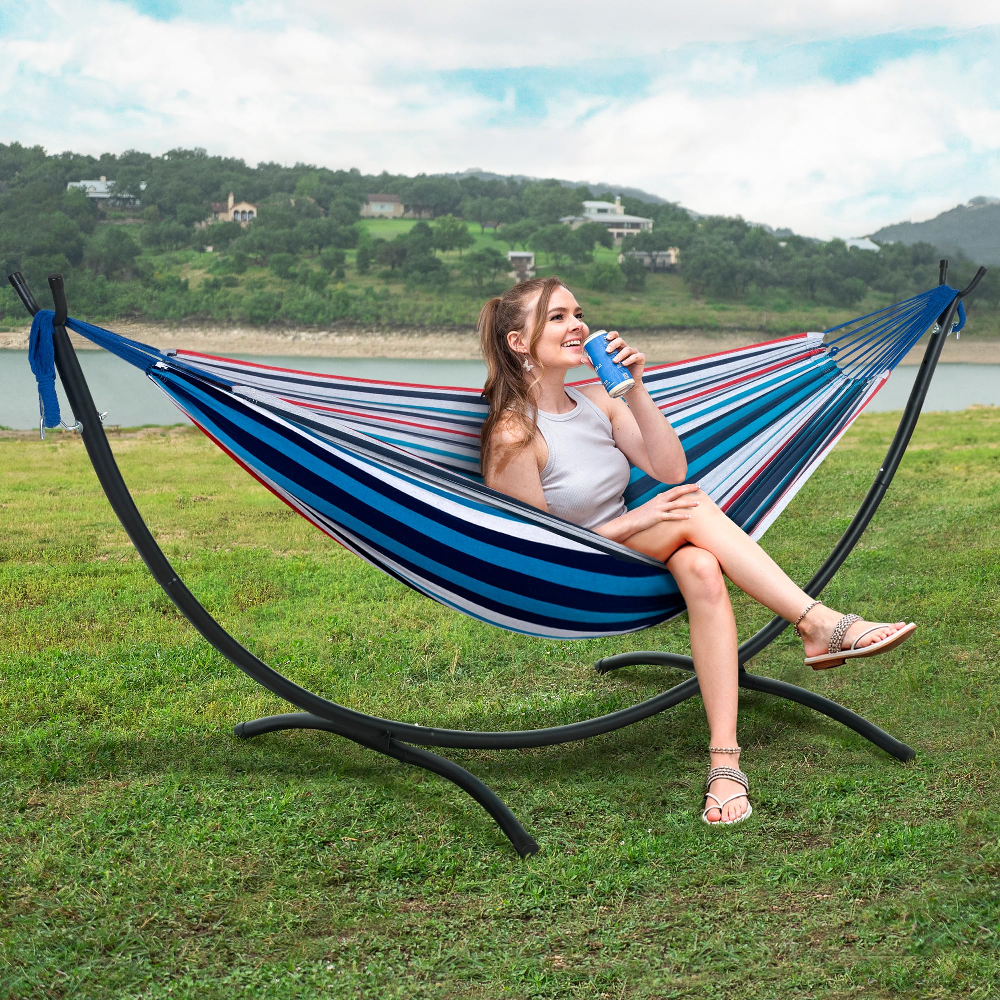 SUNCREAT Outdoor Hammock with Stand - 475 lbs Weight Capacity, Blue & Red Stripes - Perfect for Backyard, Patio, Porch, Camping & Relaxation