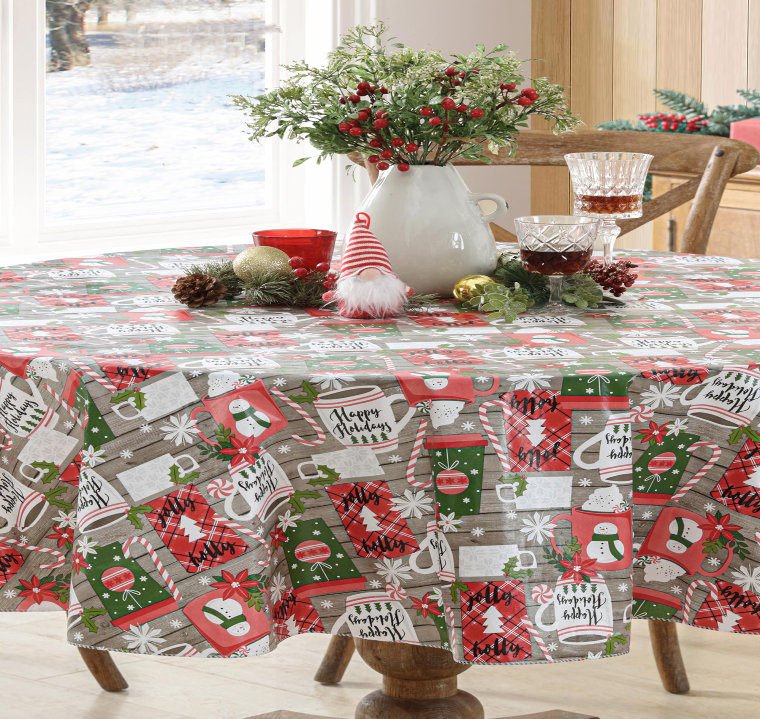 Festive Christmas Tablecloth - Jolly Holiday Candy Cane Print Flannel Back Vinyl Table Cover (60