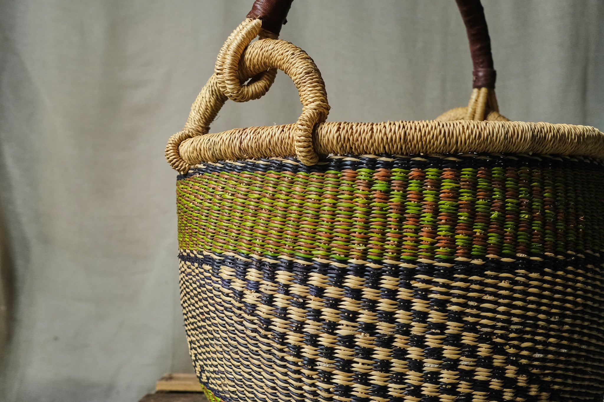 Handwoven Eco-Friendly Shopping Basket - Lime Green, Brown & Black - Perfect for Groceries, Picnics & Beach Trips