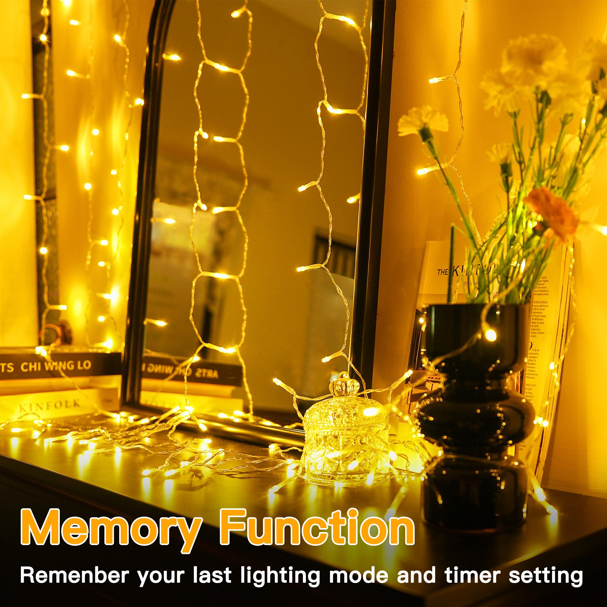 Ollny 200LED Curtain Lights 6.6x6.6ft - USB Powered Warm White Fairy String Lights with Remote, 8 Modes & Dimmable Timer - Waterproof Indoor/Outdoor Decorative Lighting for Bedroom, Wall, Window, Backdrop, Wedding, Party, Garden
