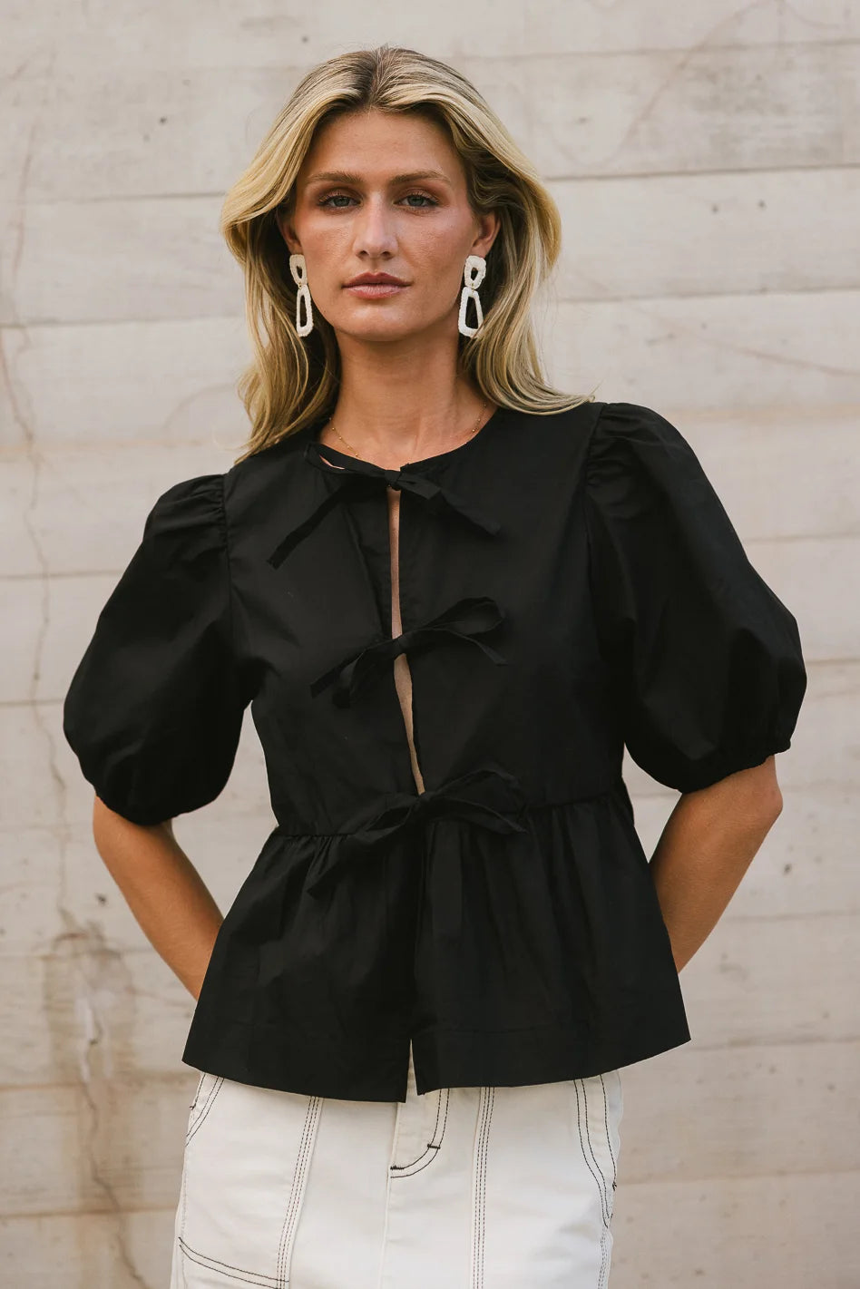 Elegant Natalia Peplum Tie Blouse in Black - Women's Fashion Tops for Work, Party & Special Occasions | Final Sale