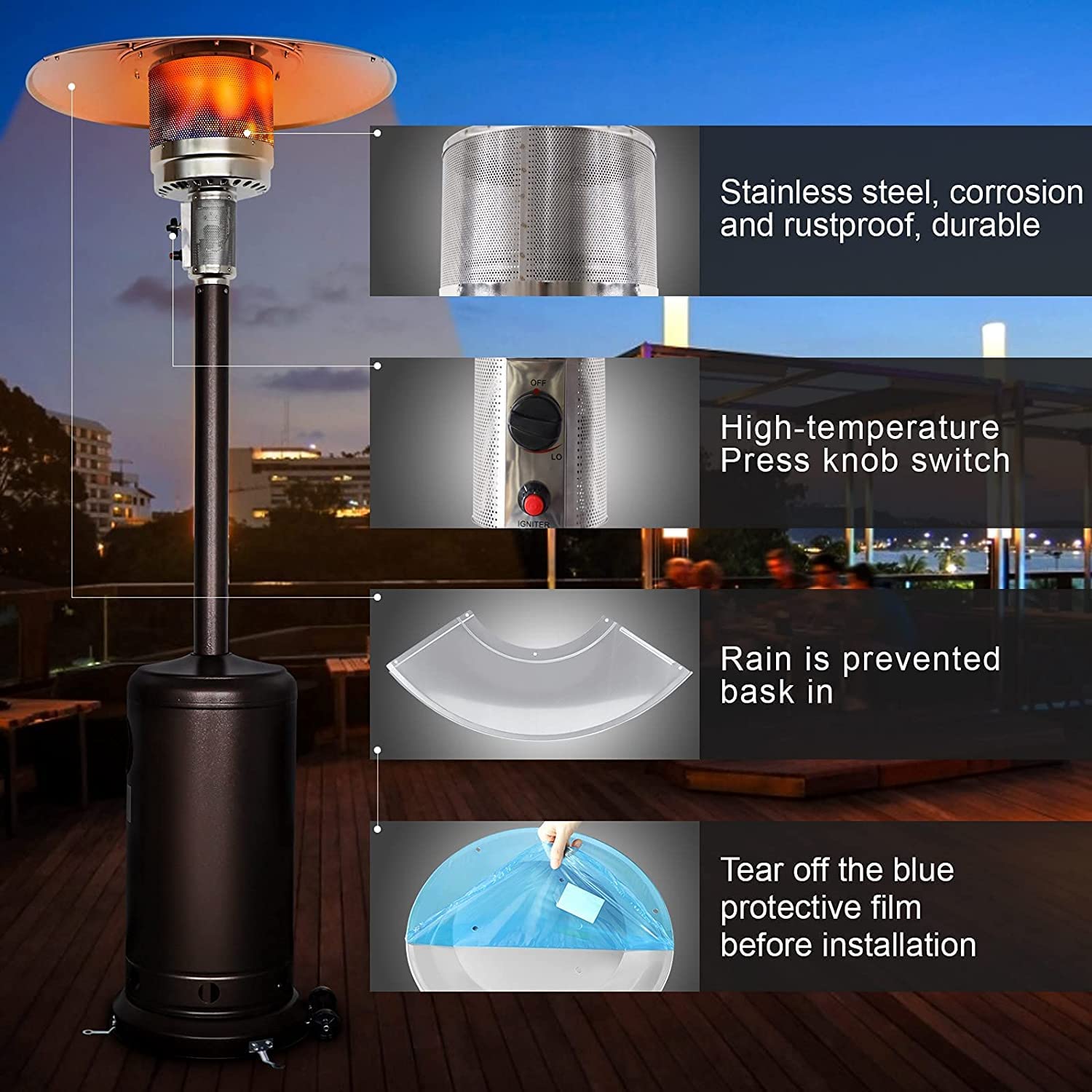 Outdoor Propane Patio Heater 48,000 BTU - CSA Certified Tall Standing Steel Heater with Hammered Bronze Finish, Cover & Pulley Accessories for Garden, Backyard, Deck, and Restaurant Outdoor Heating