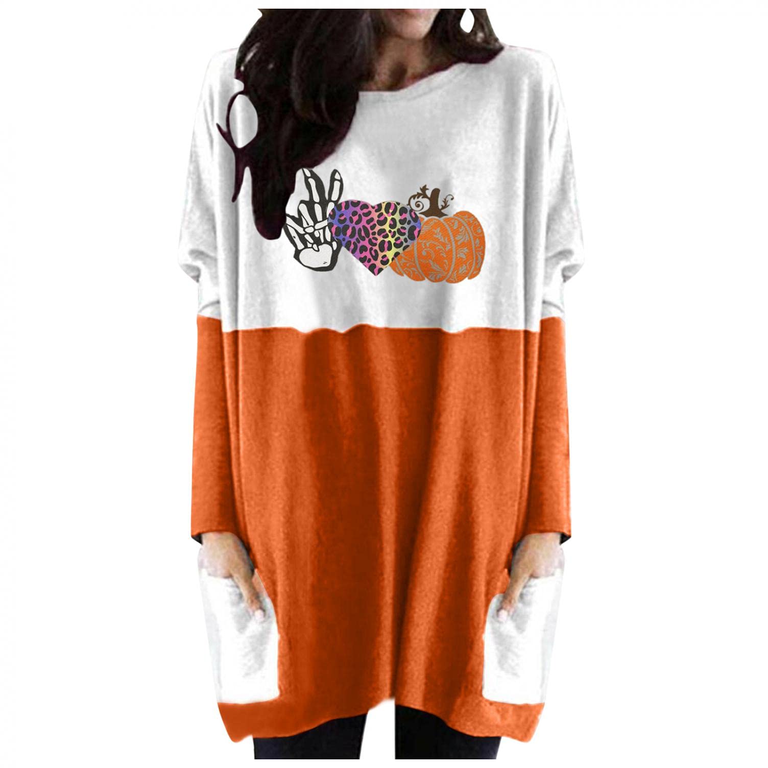 Women's Waffle Knit Tunic Blouse - Halloween Pumpkin Print Long Sleeve Shirt for Costume Parties & Fall Fashion | Cozy Autumn Top for Casual Wear, Office Outfits & Seasonal Festivities