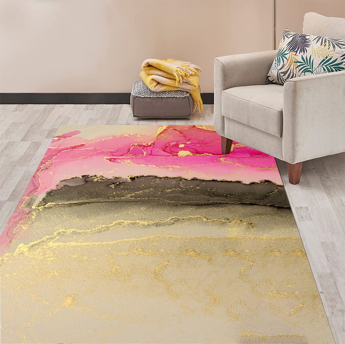 Pink Gold Modern Abstract Area Rug 8x10 - Soft Washable Colorful Rug for Living Room, Bedroom, Playroom & Dining Room - Luxurious Home Office & Kitchen Floor Mat - Indoor Laundry Room Carpet - Perfect for Boho Decor, Apartment Style & Cozy Spaces