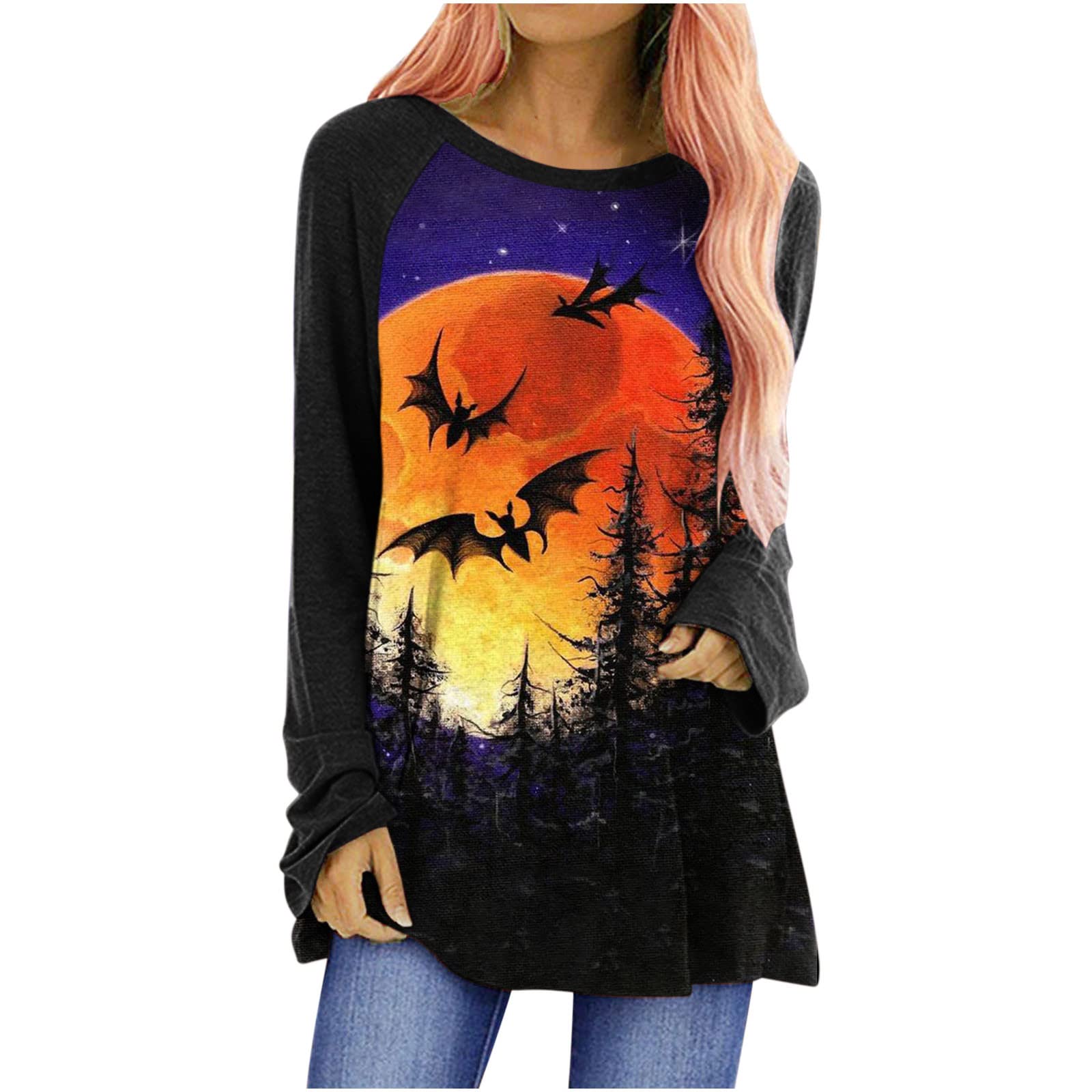 Halloween Shirts for Women - Trendy Printed Long Sleeve Crewneck Pullover Tops | Casual Loose Fit Blouse | Perfect for Halloween Parties, Costume Events & Fall Fashion